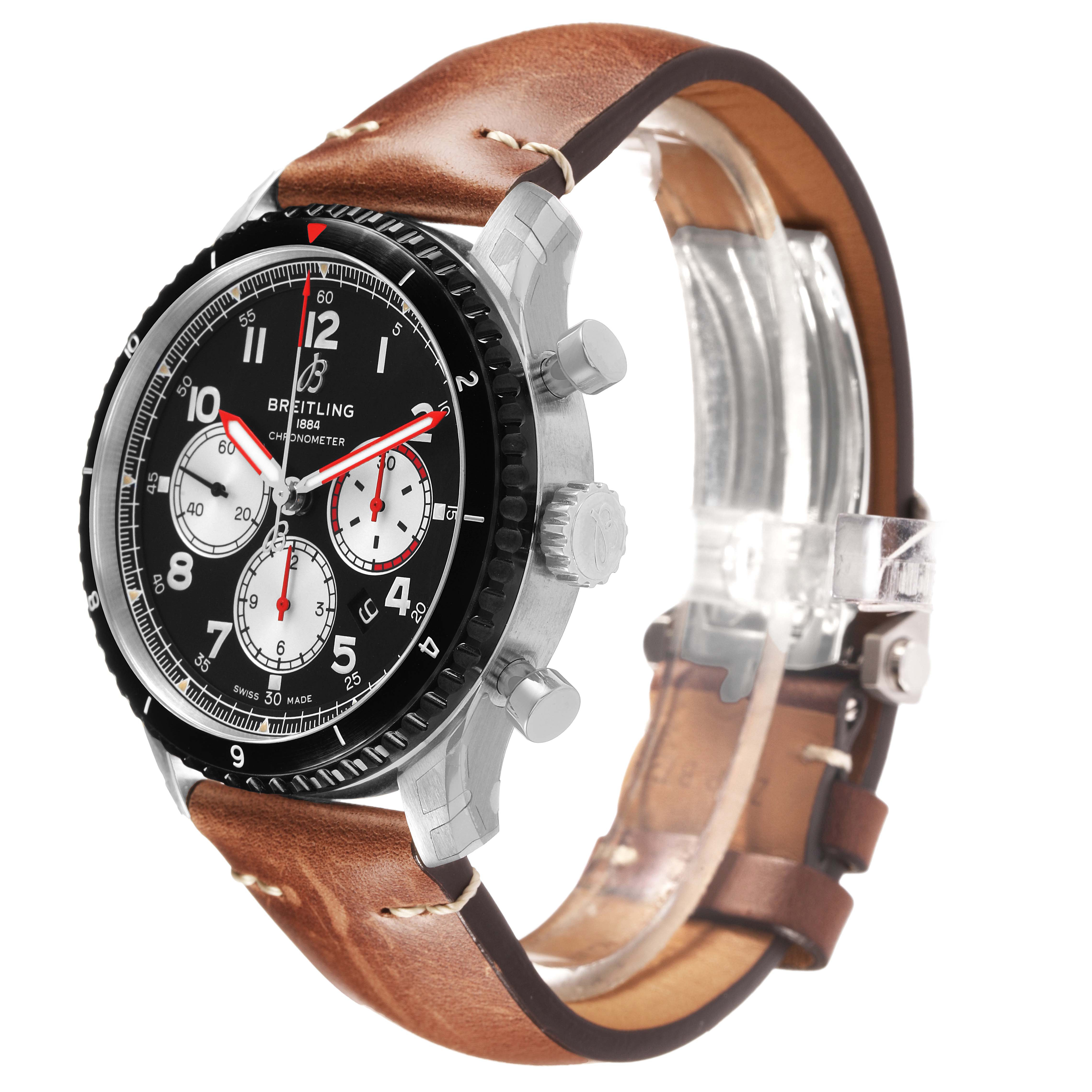 The Breitling Aviator AB0119 Men's Stainless Steel Black Dial watch is shown at a three-quarter angle, displaying the face, chronograph dials, case, and brown leather strap.