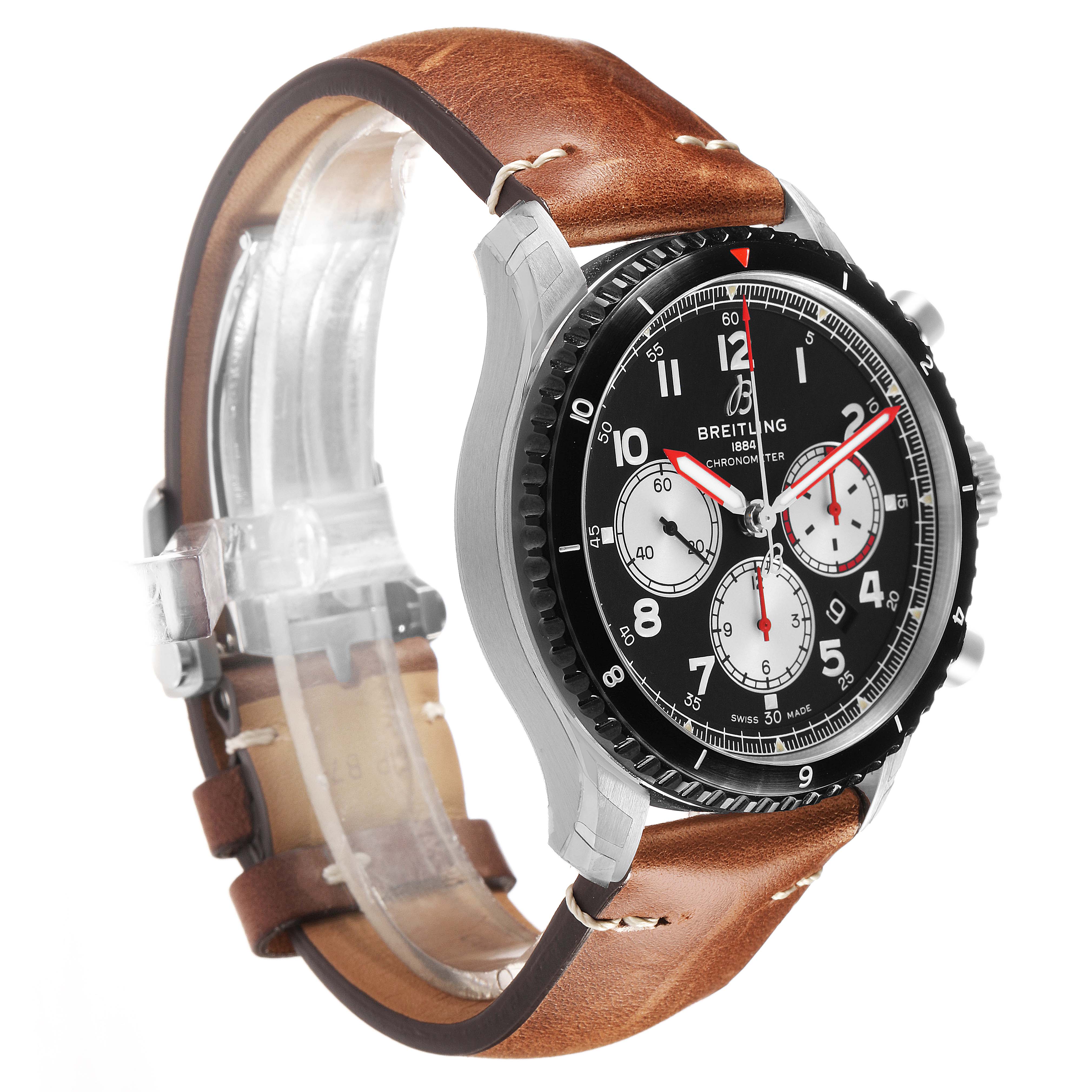 The Breitling Aviator AB0119 Men's Stainless Steel Black Dial watch is shown at a slight angle highlighting the face, bezel, and brown leather strap.