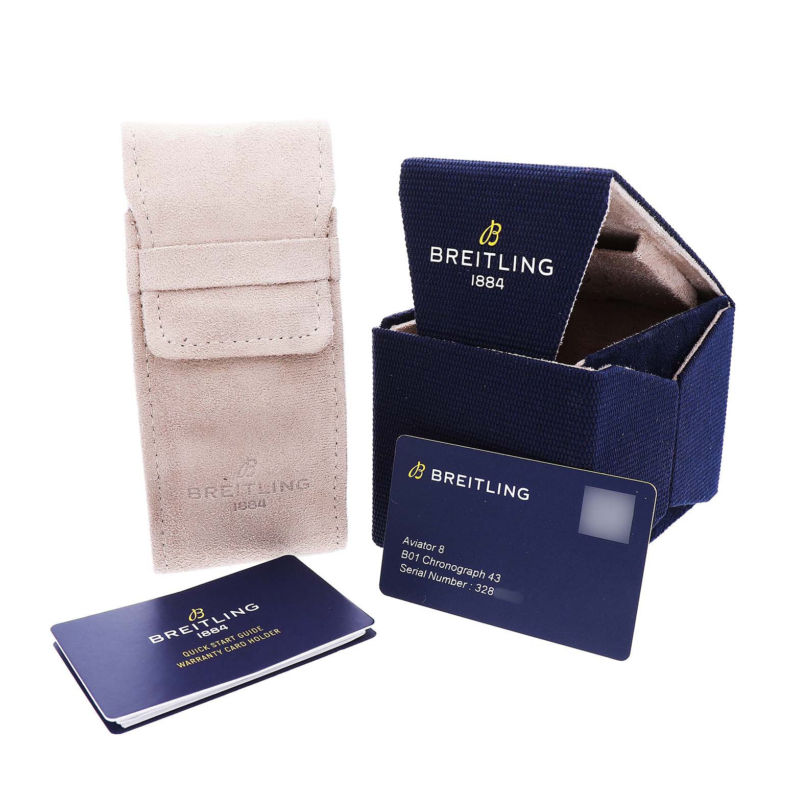 The image shows a Breitling Aviator AB0119 Men's Stainless Steel Black Dial watch carrying case, a warranty card, and a quick-start guide.