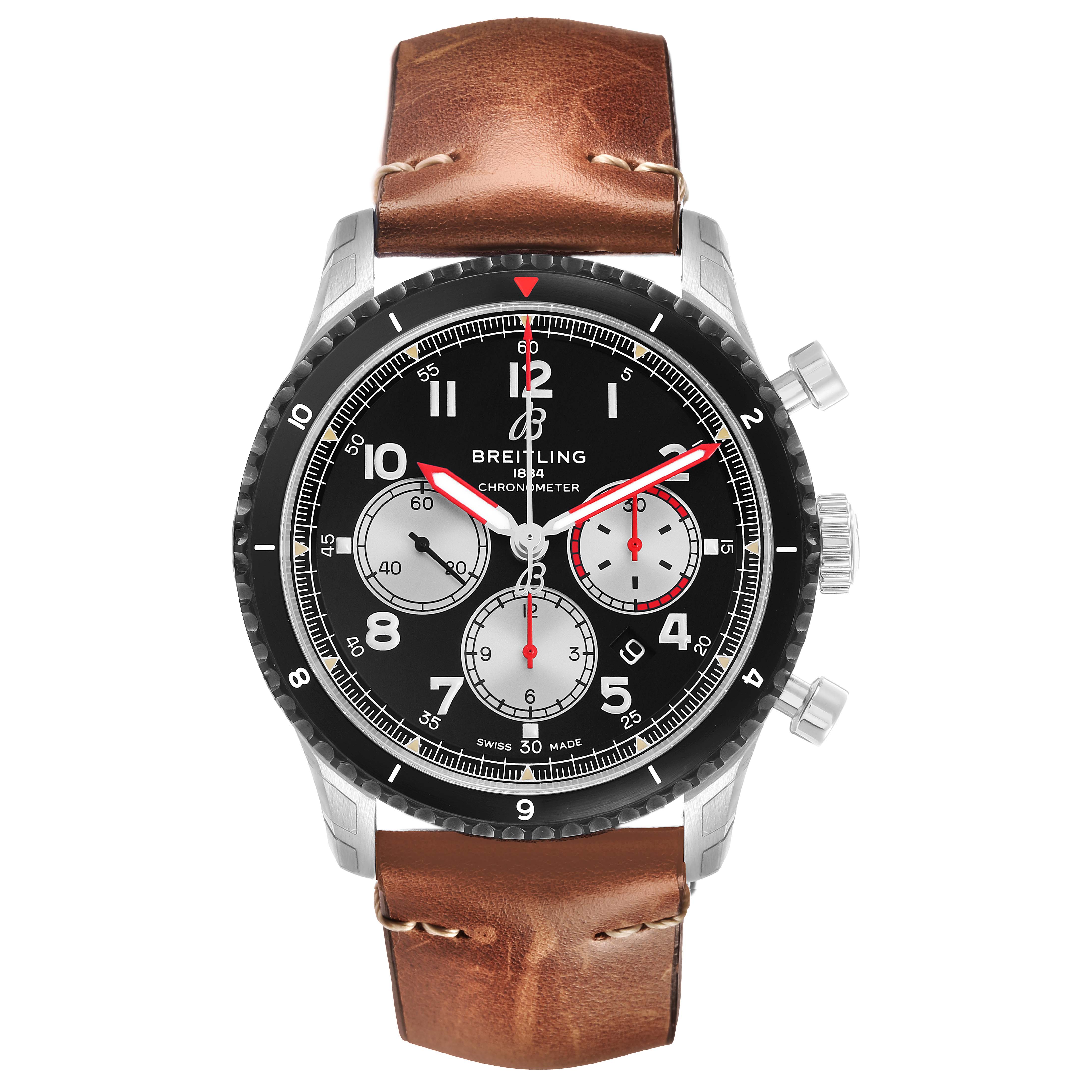 The Breitling Aviator AB0119 Men's Stainless Steel Black Dial watch is shown from a front angle, displaying its brown leather strap, black dial, and three subdials.