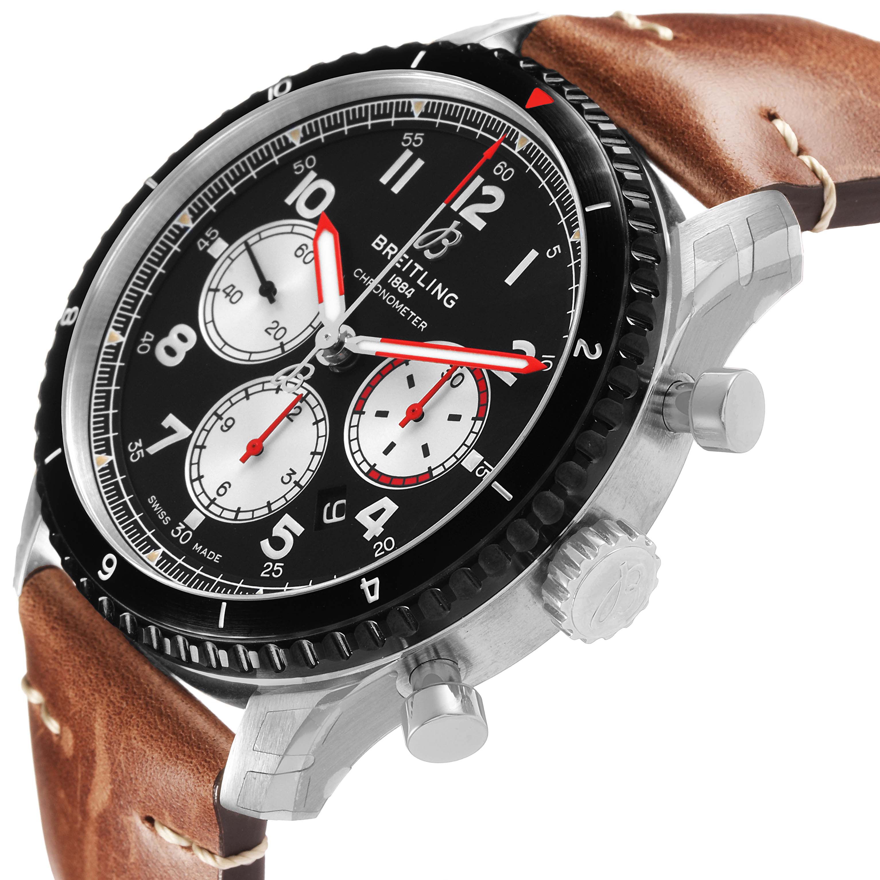 The Breitling Aviator AB0119 Men's Stainless Steel Black Dial watch is shown at an oblique angle, featuring the face, bezel, crown, pushers, and leather strap.