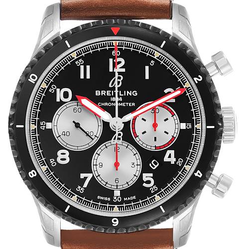 The Breitling Aviator AB0119 Men's Stainless Steel Black Dial watch is shown from the front, highlighting the dial, hands, subdials, case, and brown leather strap.