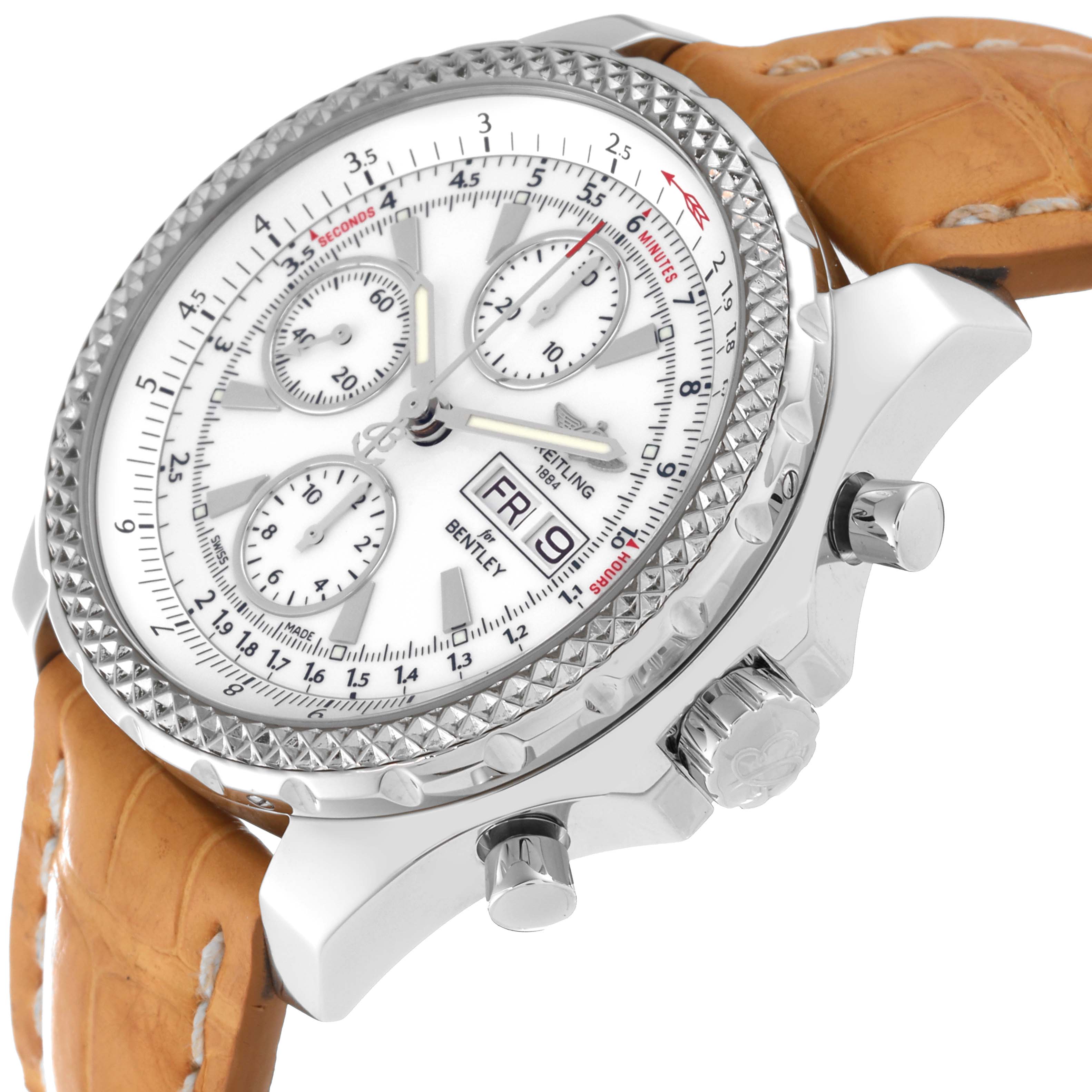 The image shows a side and angled view of the Bentley model by Breitling with a white dial, subdials, a date window, and a brown leather strap.