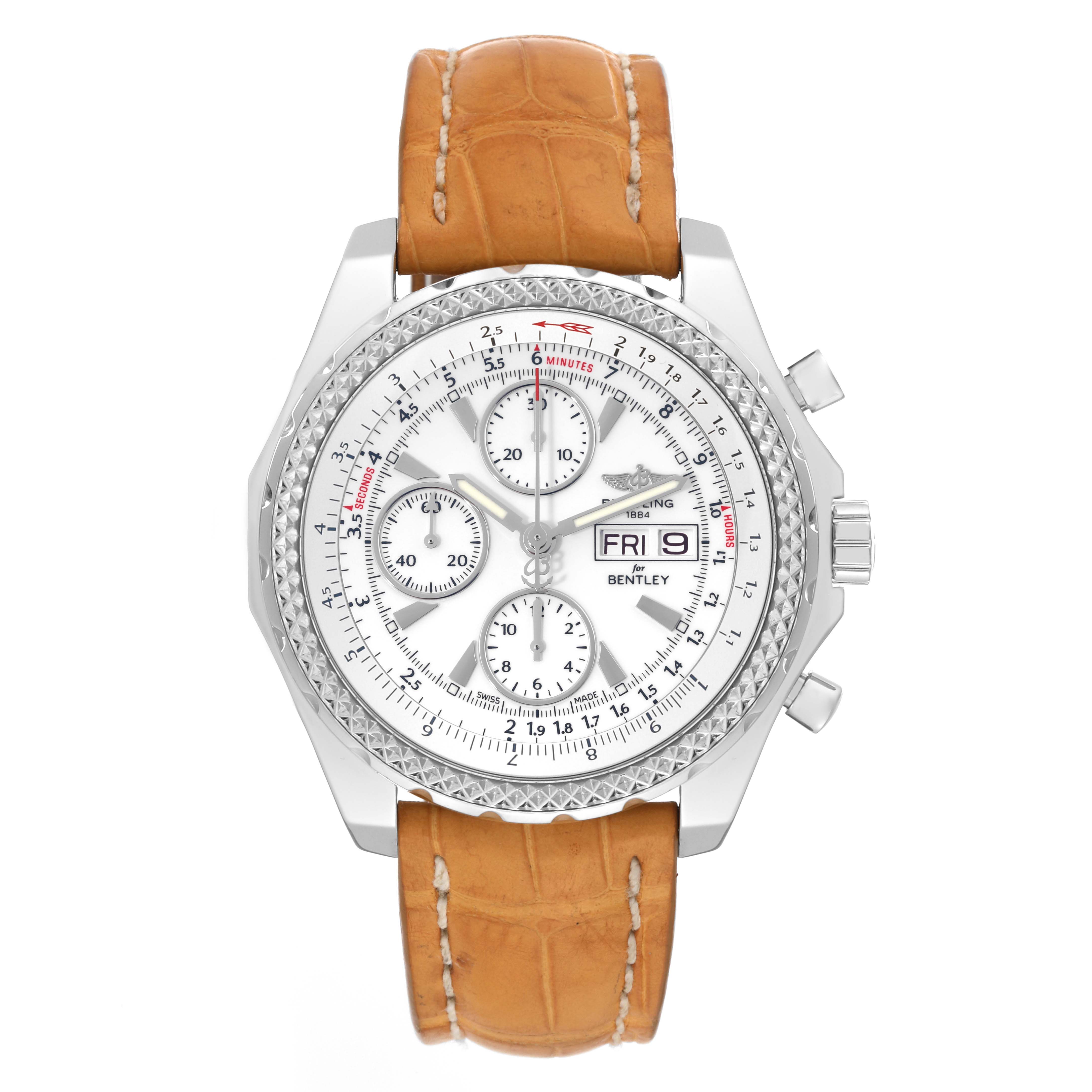 The Breitling Bentley A1336212/A726 Men
s Stainless Steel White Dial A1336212/A726 Men
s Stainless Steel White Dial model watch is shown from a front angle, displaying its face, chronograph features, and brown leather strap.