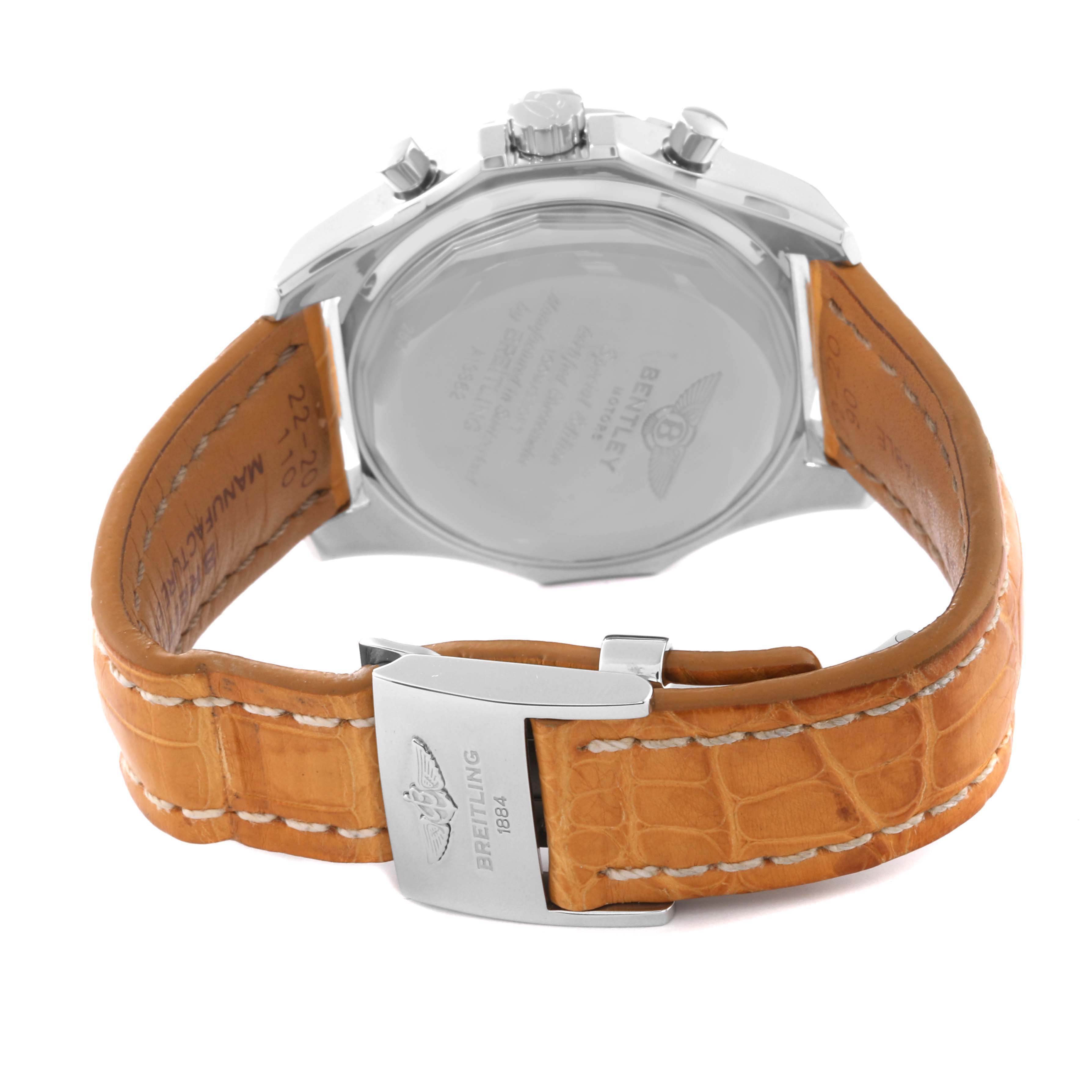 The image shows the back and clasp of the Bentley model watch by Breitling at an angle highlighting the leather strap and clasp logo.