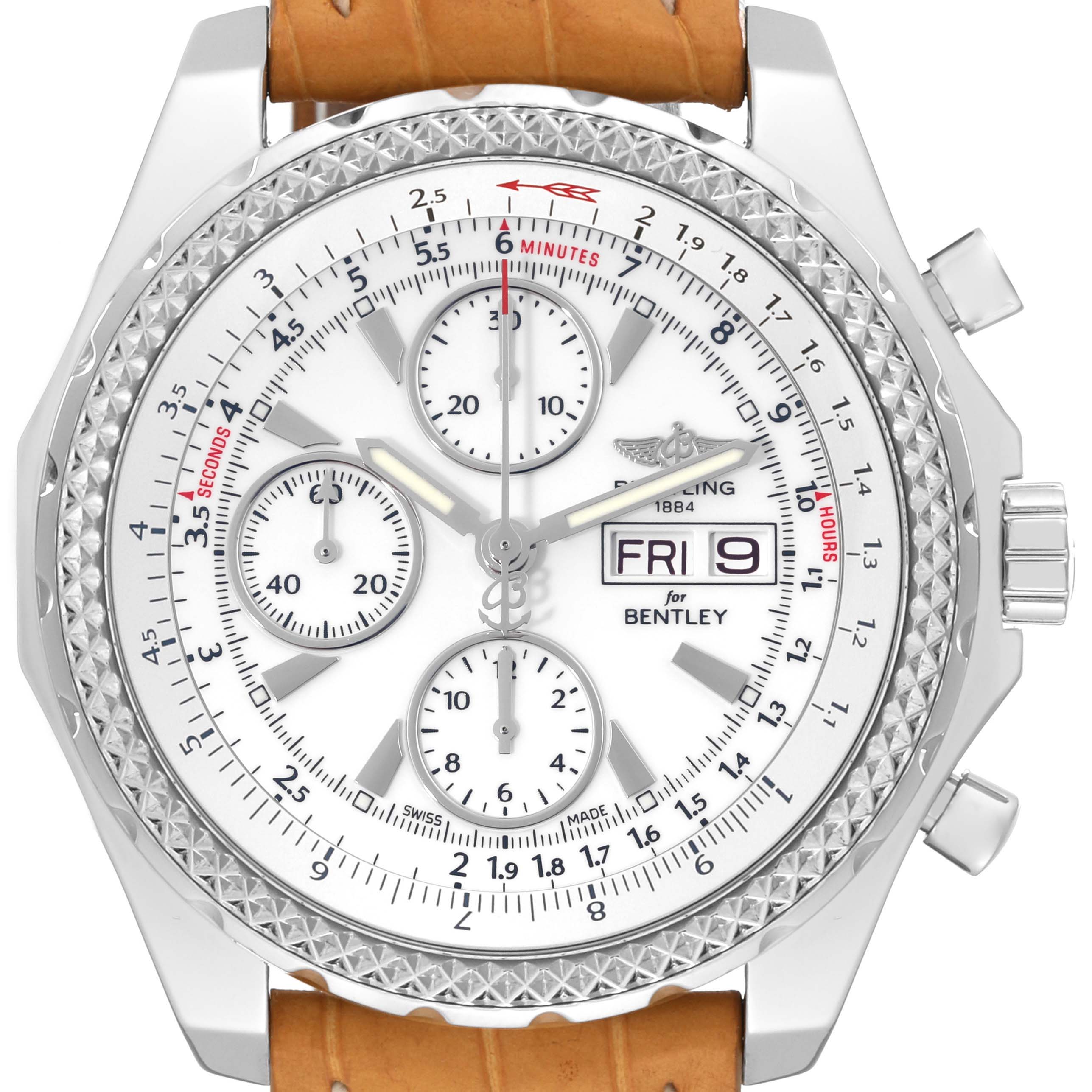 The image shows a close-up of the face of a Breitling Bentley A1336212/A726 Men
s Stainless Steel White Dial A1336212/A726 Men
s Stainless Steel White Dial watch, detailing its dials, hands, and date display. 