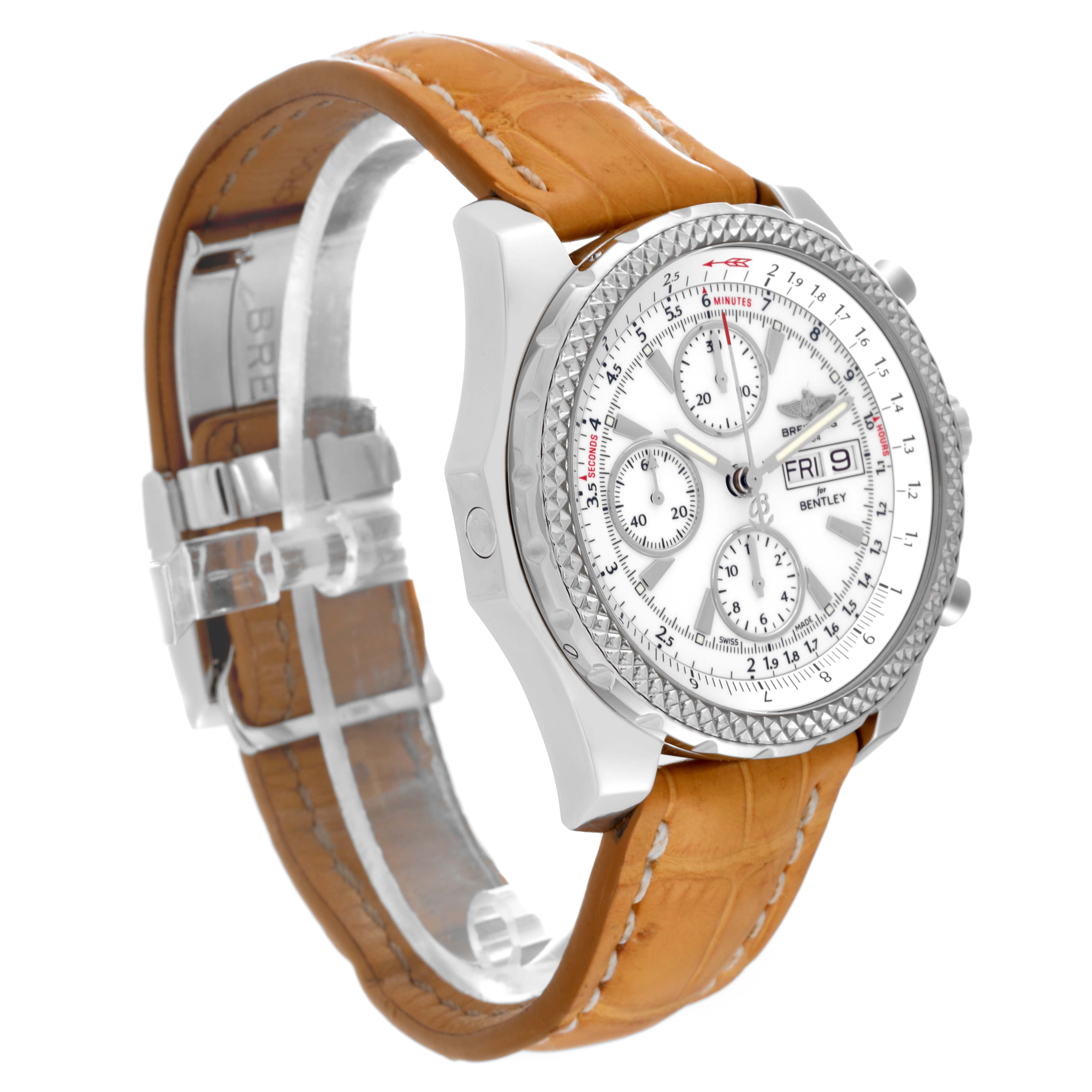 The image shows a Breitling Bentley A1336212/A726 Men
s Stainless Steel White Dial A1336212/A726 Men
s Stainless Steel White Dial watch with a side angle view, highlighting the dial, bezel, crown, and brown leather strap.