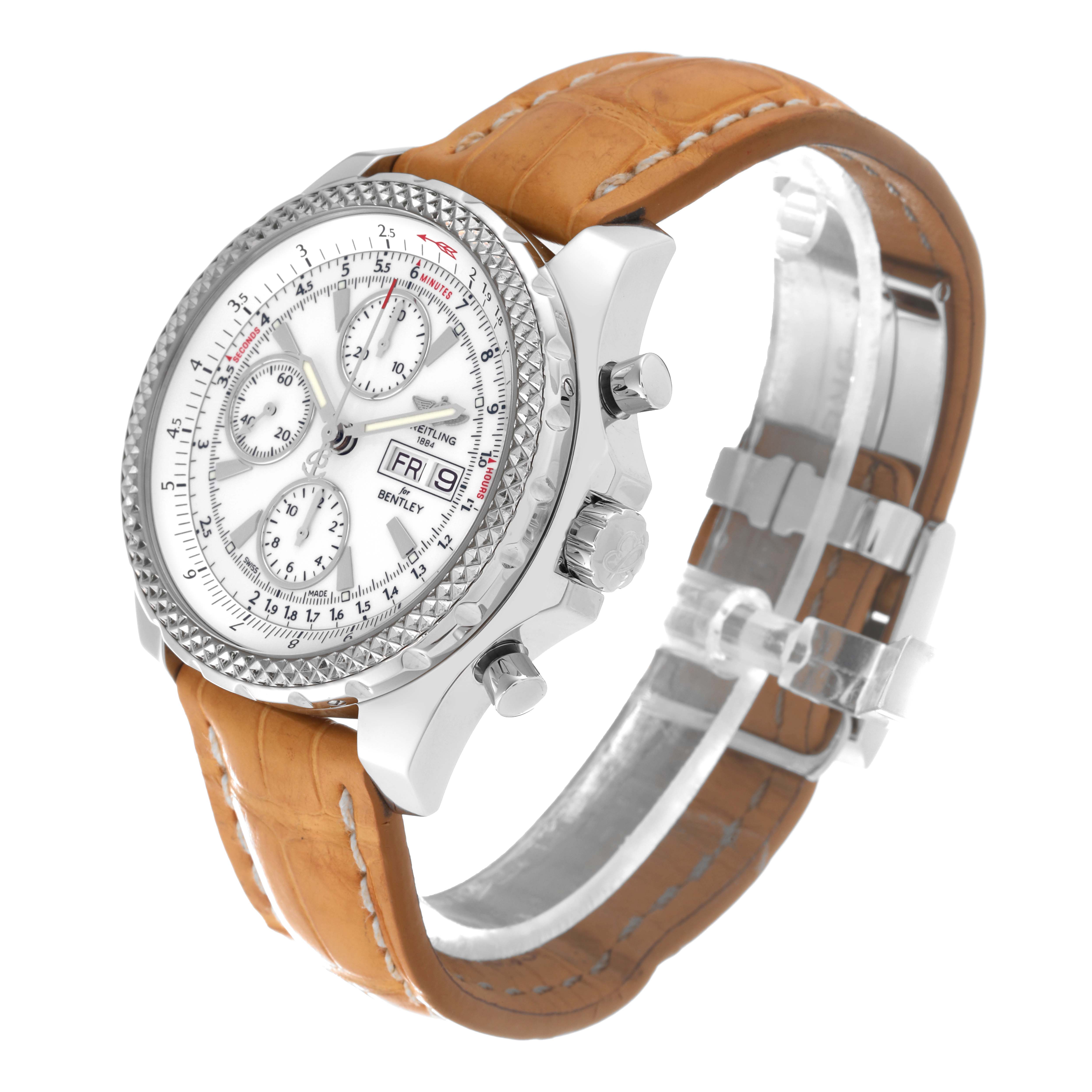 The image shows a side angle of a Breitling Bentley A1336212/A726 Men
s Stainless Steel White Dial A1336212/A726 Men
s Stainless Steel White Dial watch, highlighting the face, silver bezel, and brown leather strap.