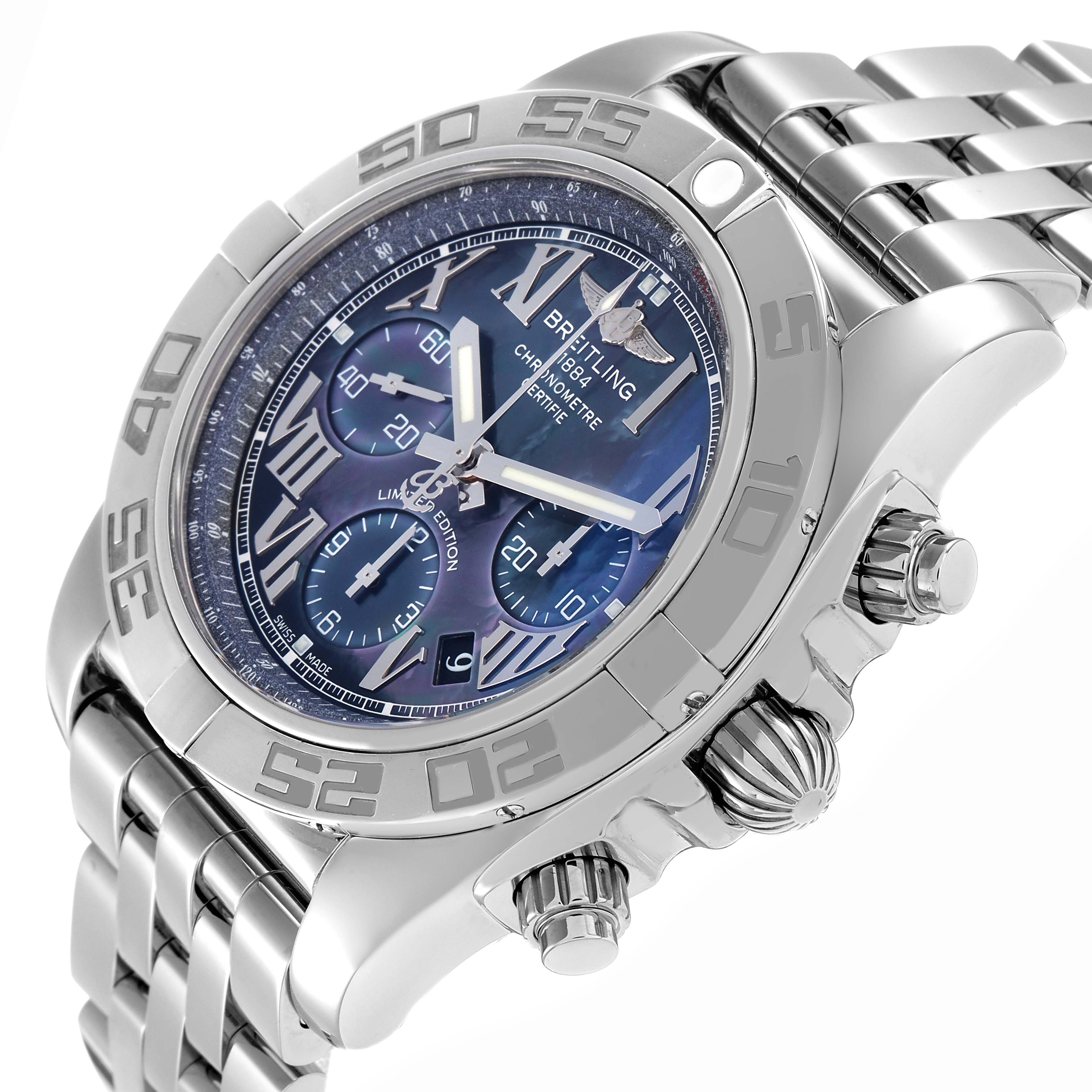 The image shows a Breitling Chronomat model AB0111 men's watch at an angled view, highlighting the bezel, dial, subdials, crown, and bracelet.