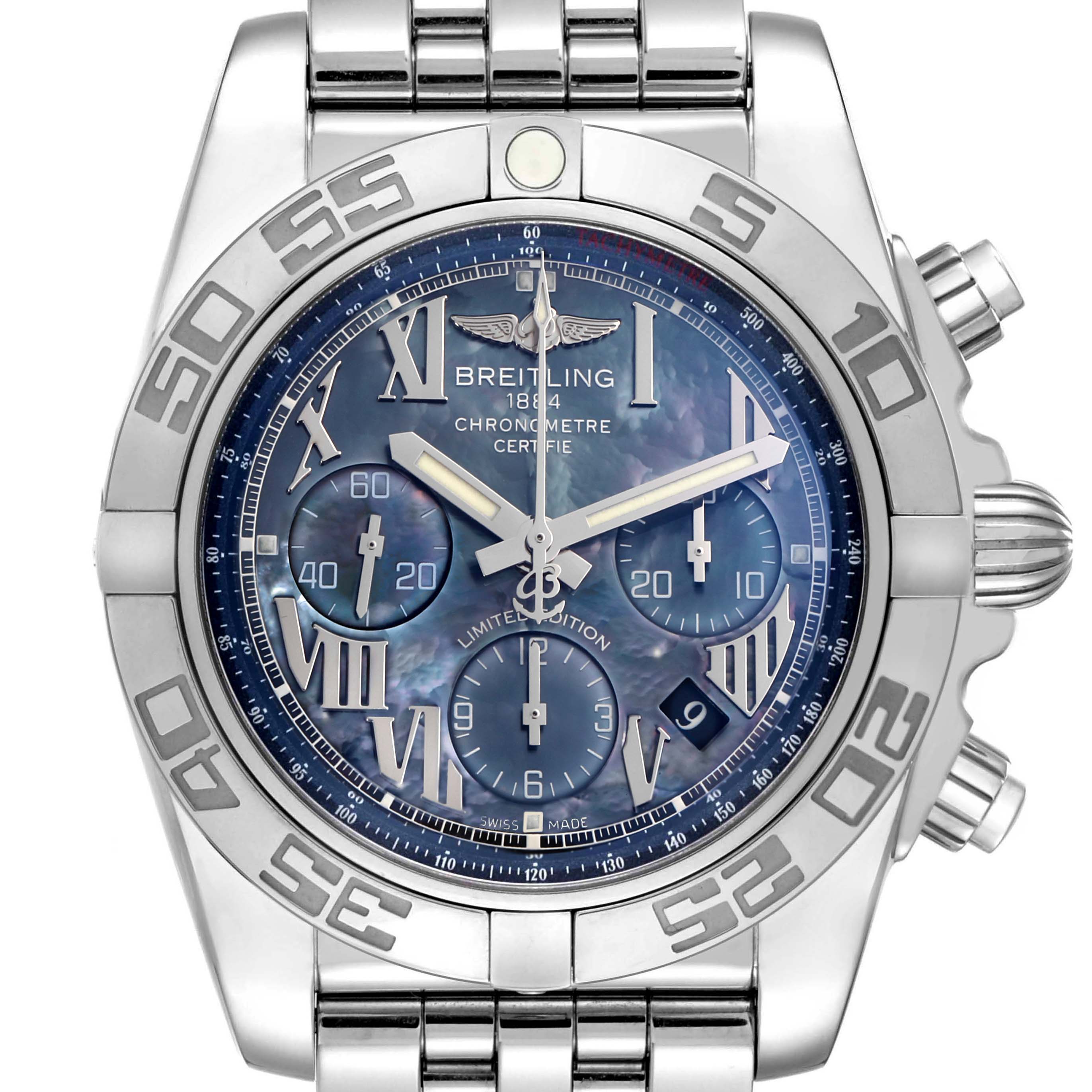 The image shows a front view of the Breitling Chronomat model AB0111 men's watch, displaying the face, bezel, and pushers.