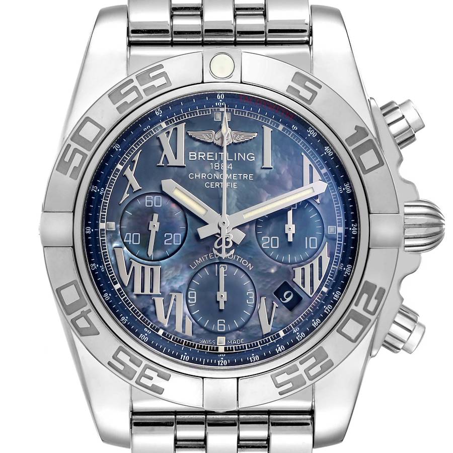 The image shows a front view of the Breitling Chronomat model AB0111 men's watch, displaying the face, bezel, and pushers.