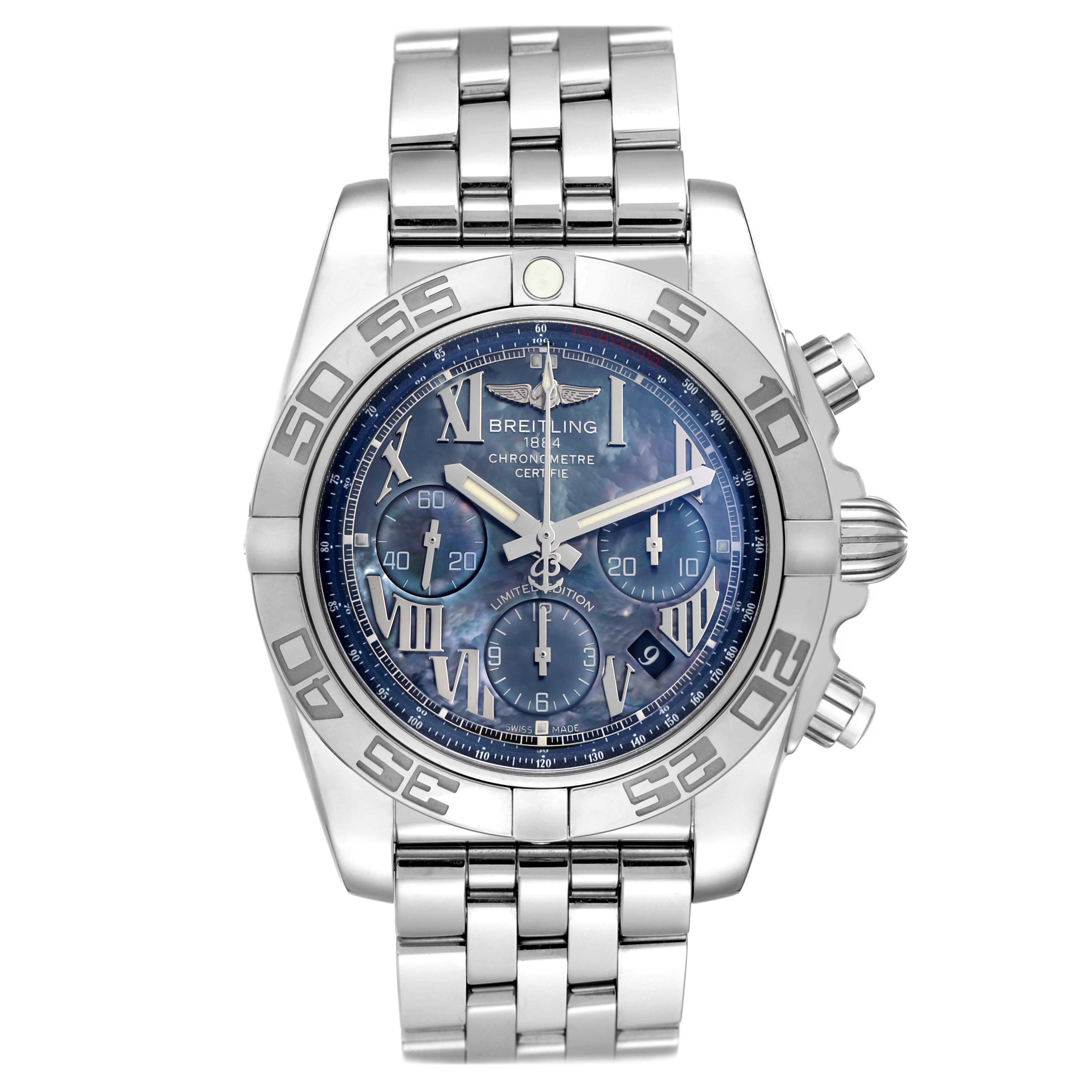 The Breitling Chronomat model AB0111 men's watch is shown from a front angle displaying the face, bezel, bracelet, and chronograph pushers.