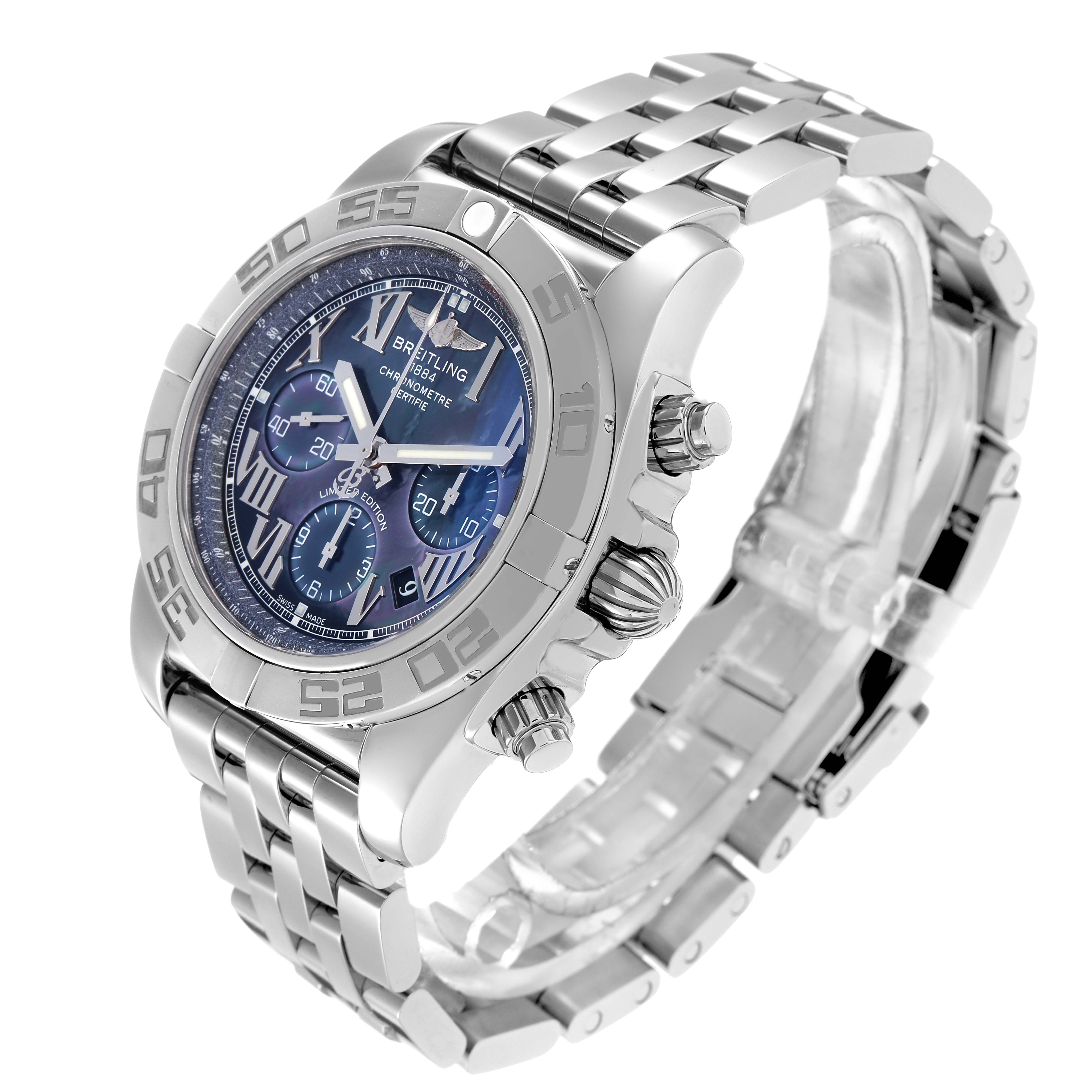 The Breitling Chronomat AB0111 men’s watch is shown at an angled view, highlighting its face, bezel, crown, pushers, and bracelet.