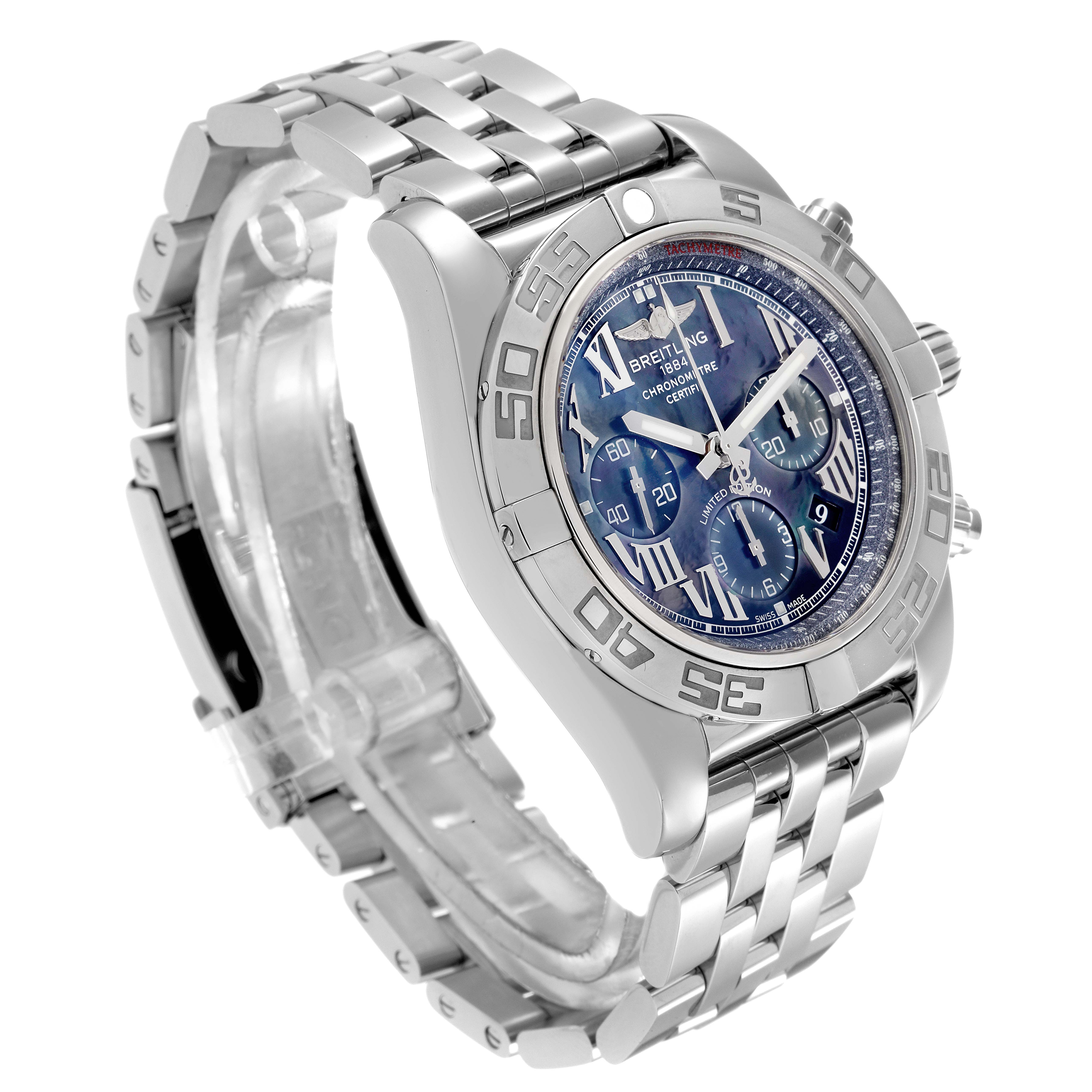The image shows a Breitling Chronomat model AB0111 men's watch from a three-quarter angle, highlighting the bracelet, bezel, and dial features.