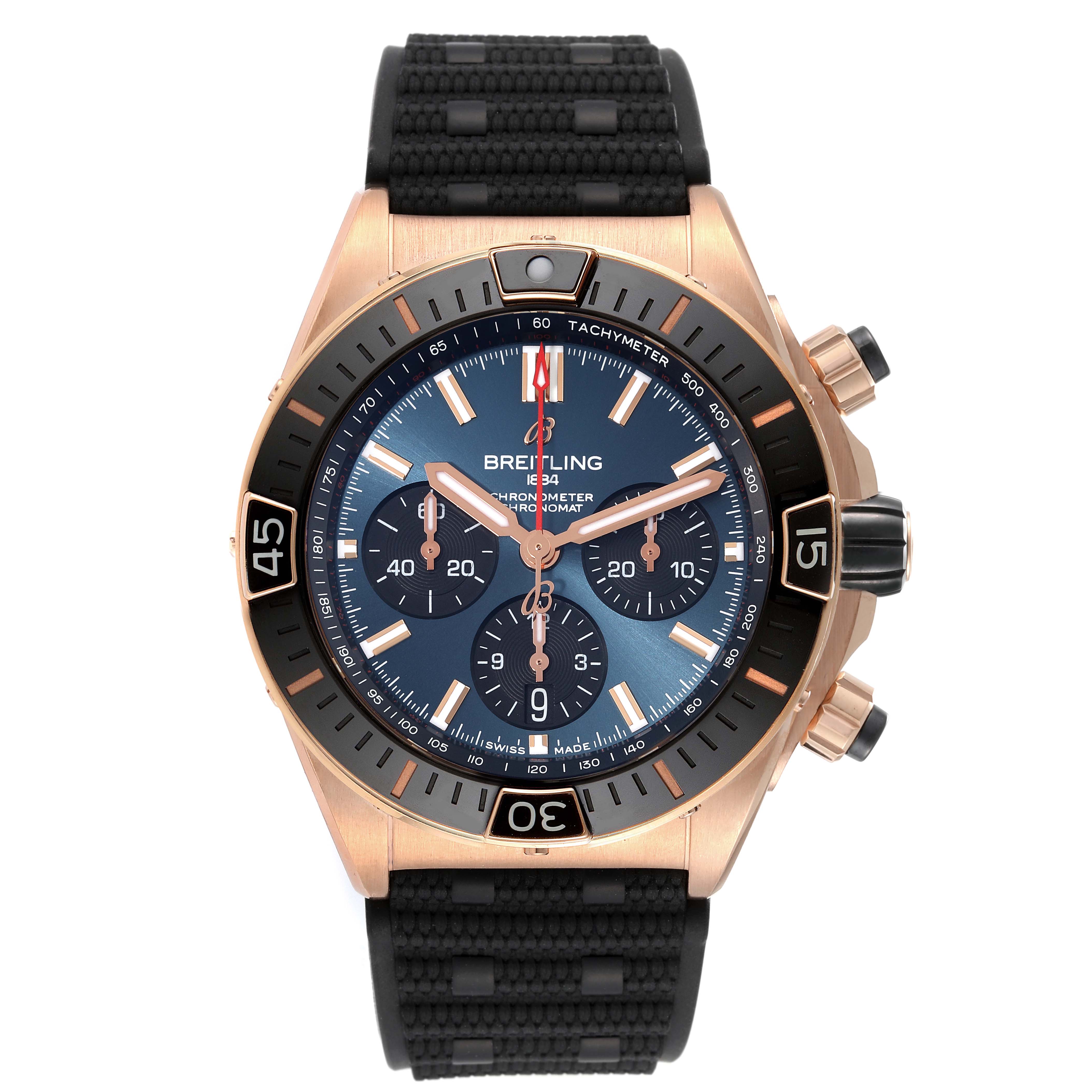 This Breitling Chronomat RB0136 Men's Rose Gold Blue Dial RB0136 Men's Rose Gold Blue Dial watch is shown from the front, displaying the face, bezel, crown, and part of the strap.