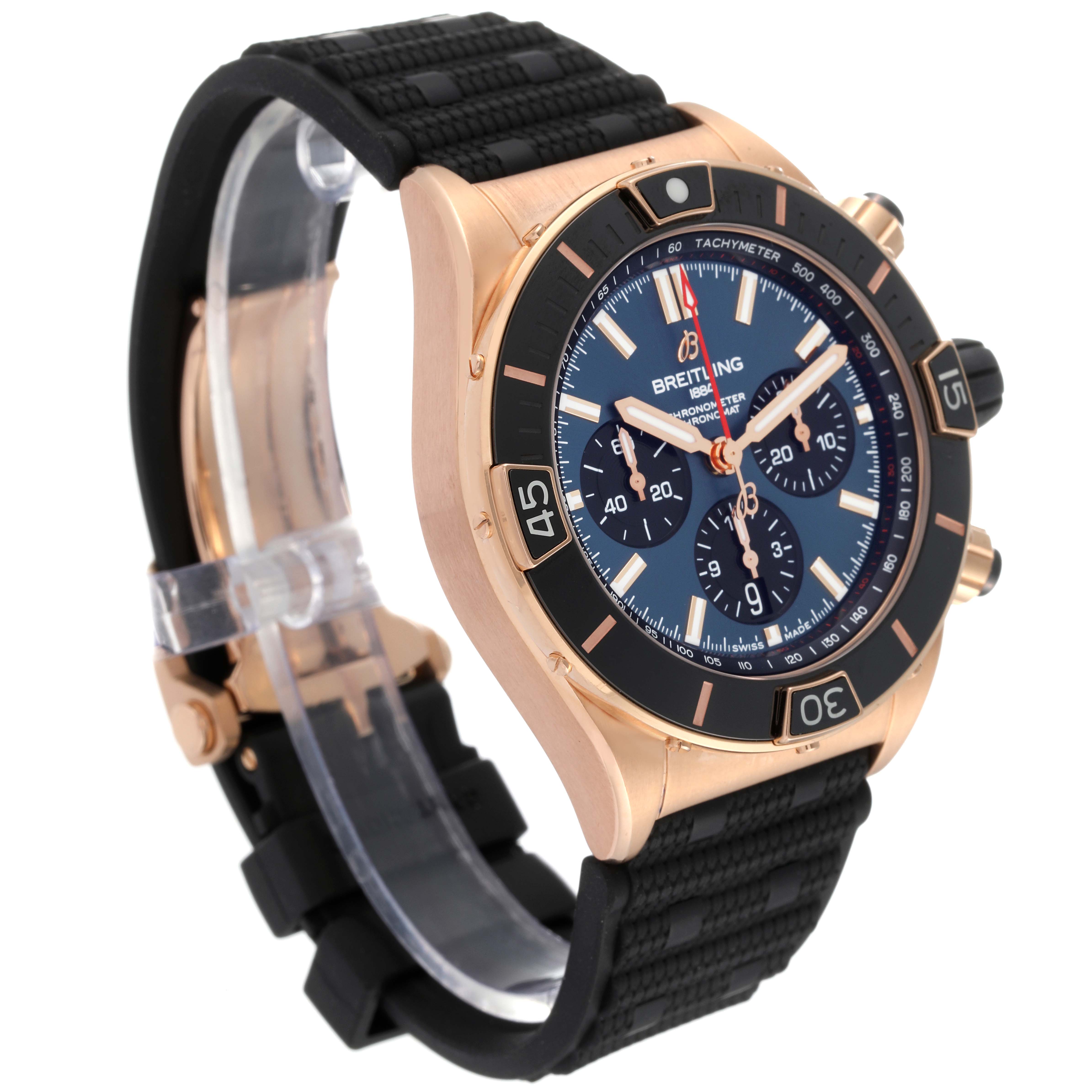 The Breitling Chronomat RB0136 Men's Rose Gold Blue Dial RB0136 Men's Rose Gold Blue Dial watch is shown at a three-quarter angle, displaying its face, bezel, and strap.