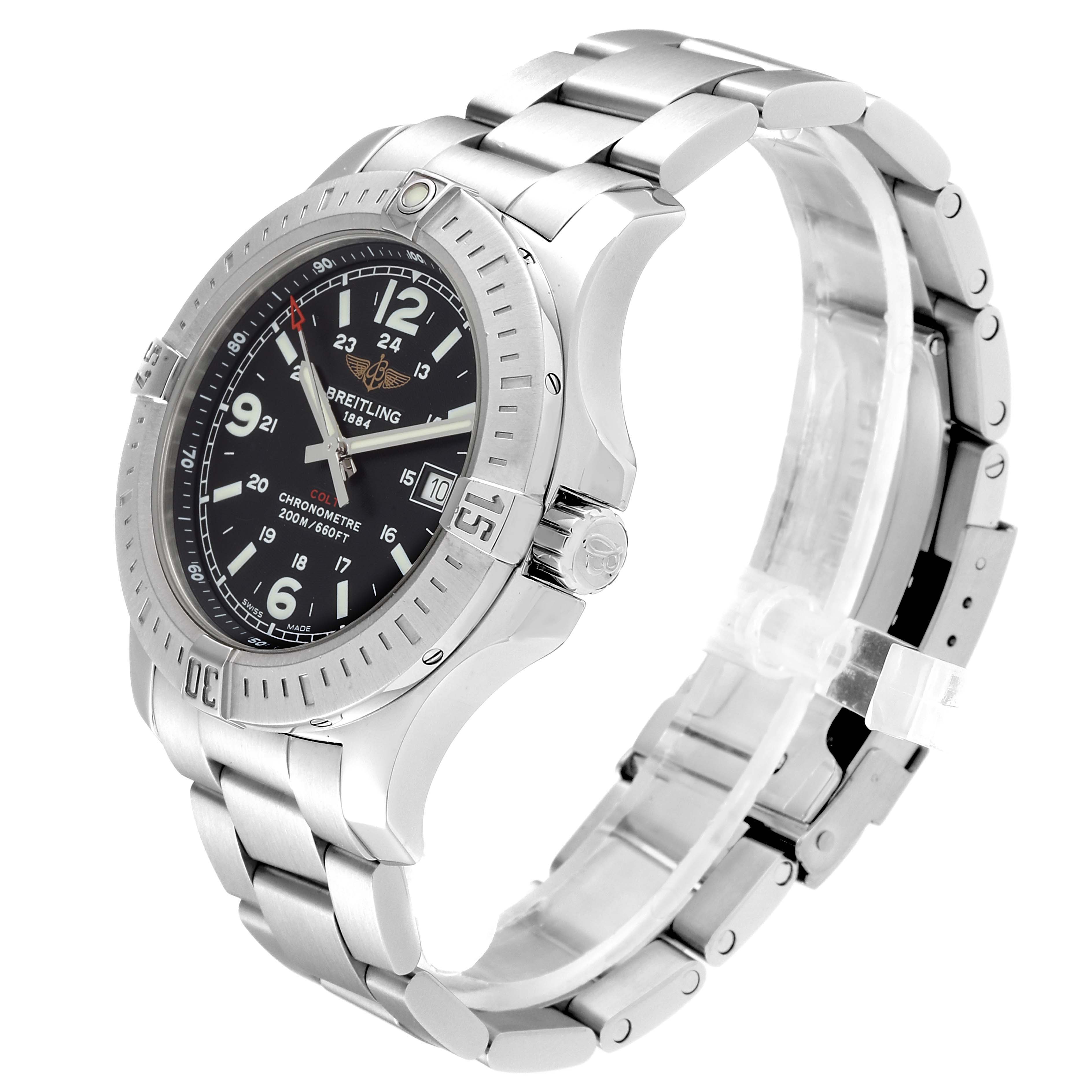 The image shows a Breitling Colt A74388 Men's Stainless Steel Black Dial A74388 Men's Stainless Steel Black Dial watch at a three-quarter angle, highlighting the face, bezel, crown, and metal bracelet.