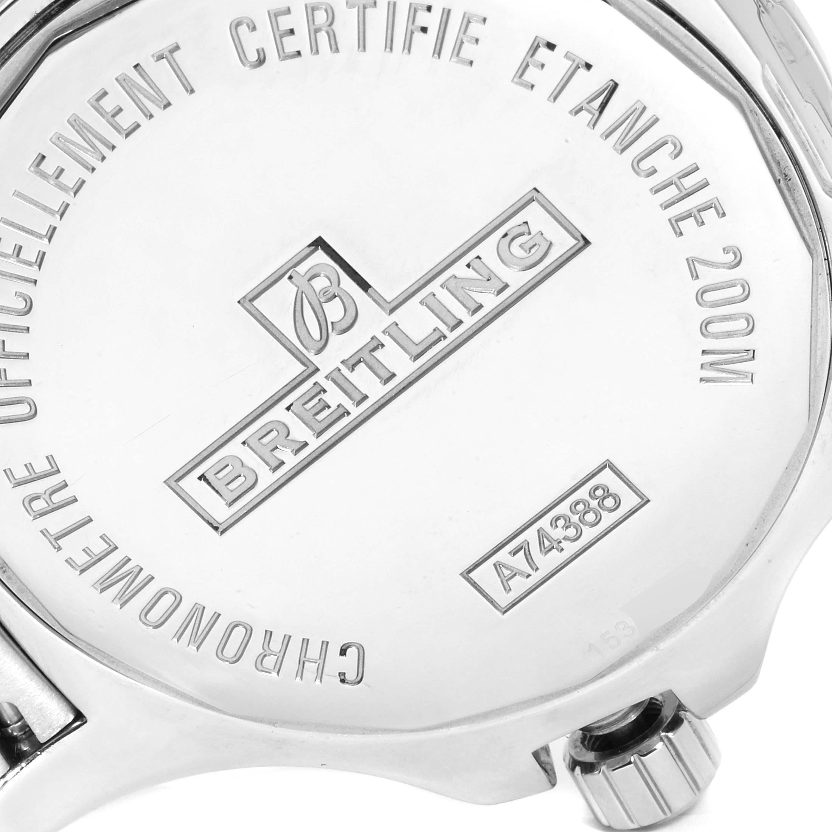 This image shows the back case and crown of the Breitling Colt A74388 Men's Stainless Steel Black Dial A74388 Men's Stainless Steel Black Dial watch, highlighting the engraved branding and model information.
