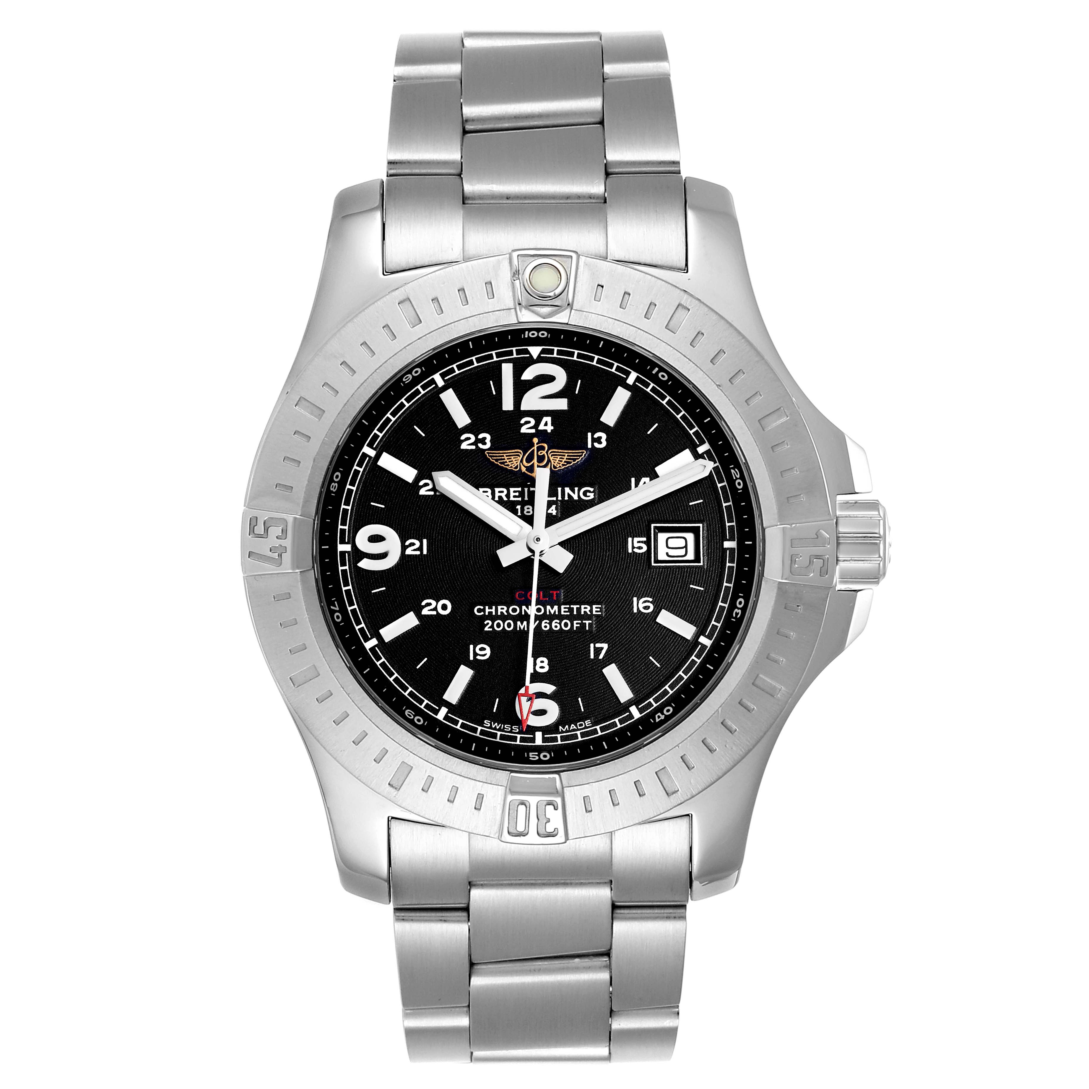 The image shows a front view of the Breitling Colt A74388 Men's Stainless Steel Black Dial A74388 Men's Stainless Steel Black Dial watch, featuring its dial, bezel, hands, and bracelet.