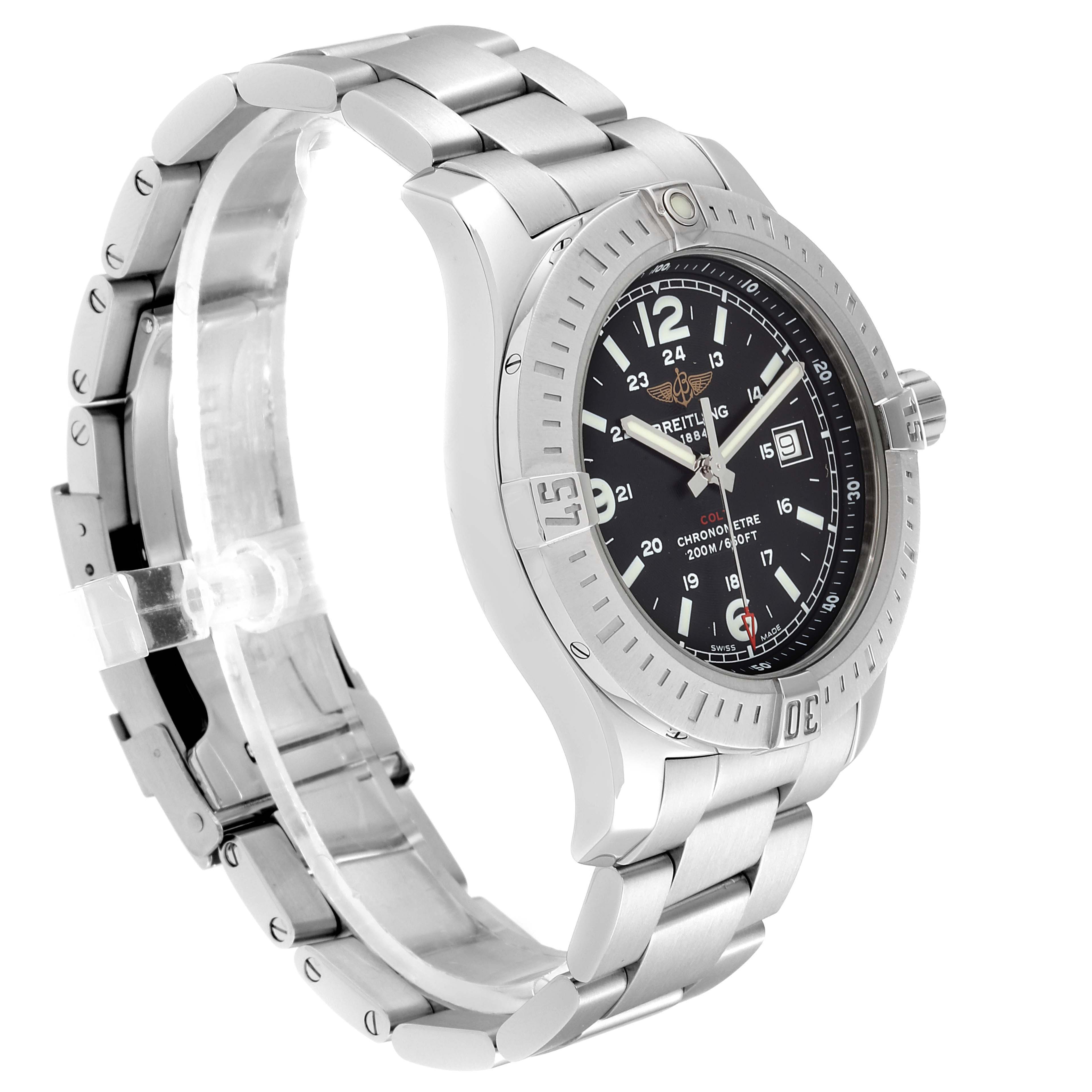 The Breitling Colt A74388 Men's Stainless Steel Black Dial A74388 Men's Stainless Steel Black Dial watch is shown from a front-right angle, displaying its metal bracelet, bezel, dial, and crown.
