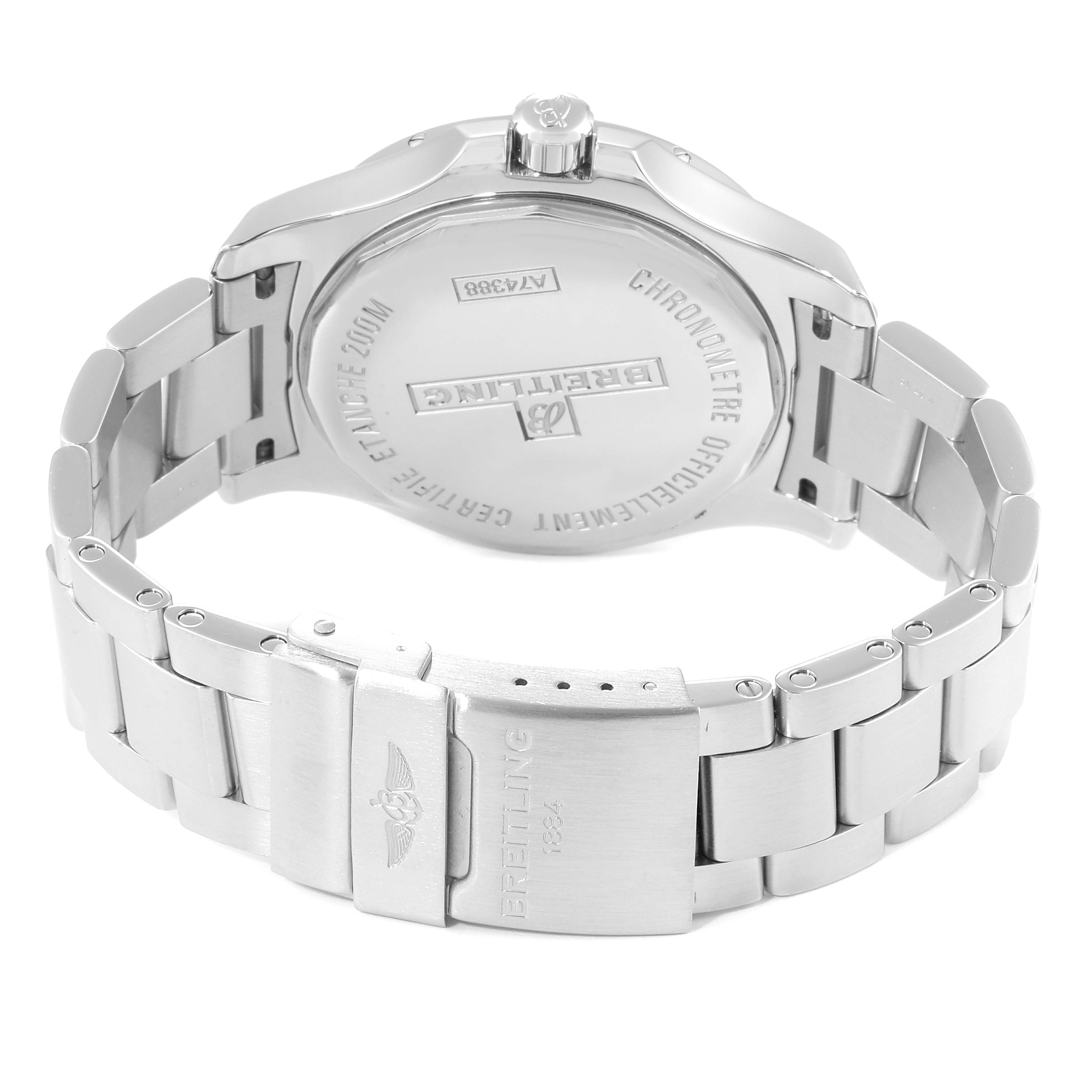 This image shows the back case and bracelet of a Breitling Colt A74388 Men's Stainless Steel Black Dial A74388 Men's Stainless Steel Black Dial watch, focusing on the clasp and case back engravings.