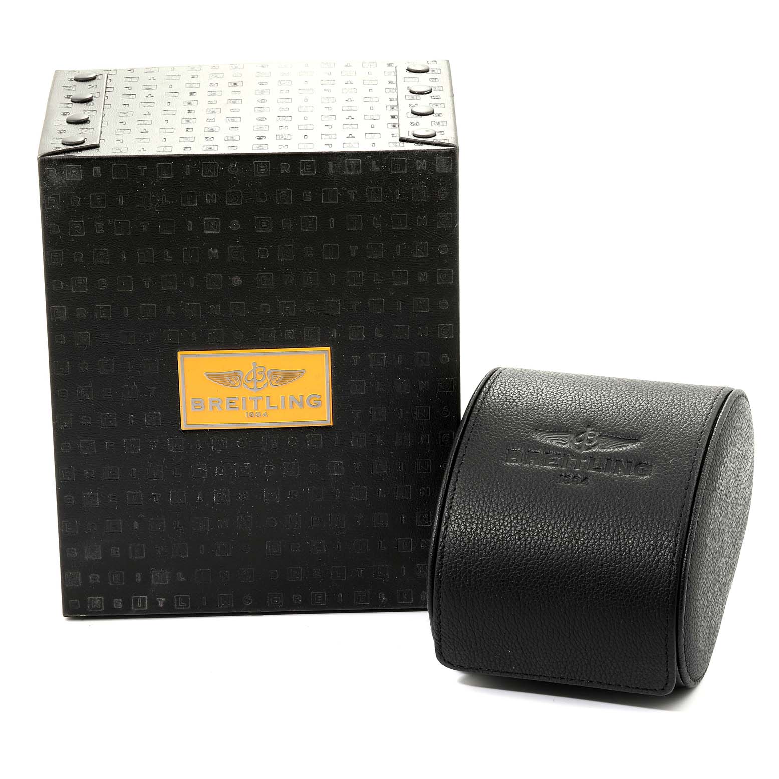 The image shows the packaging for a Breitling Colt A74388 Men's Stainless Steel Black Dial A74388 Men's Stainless Steel Black Dial watch, including a black box and a black leather case.