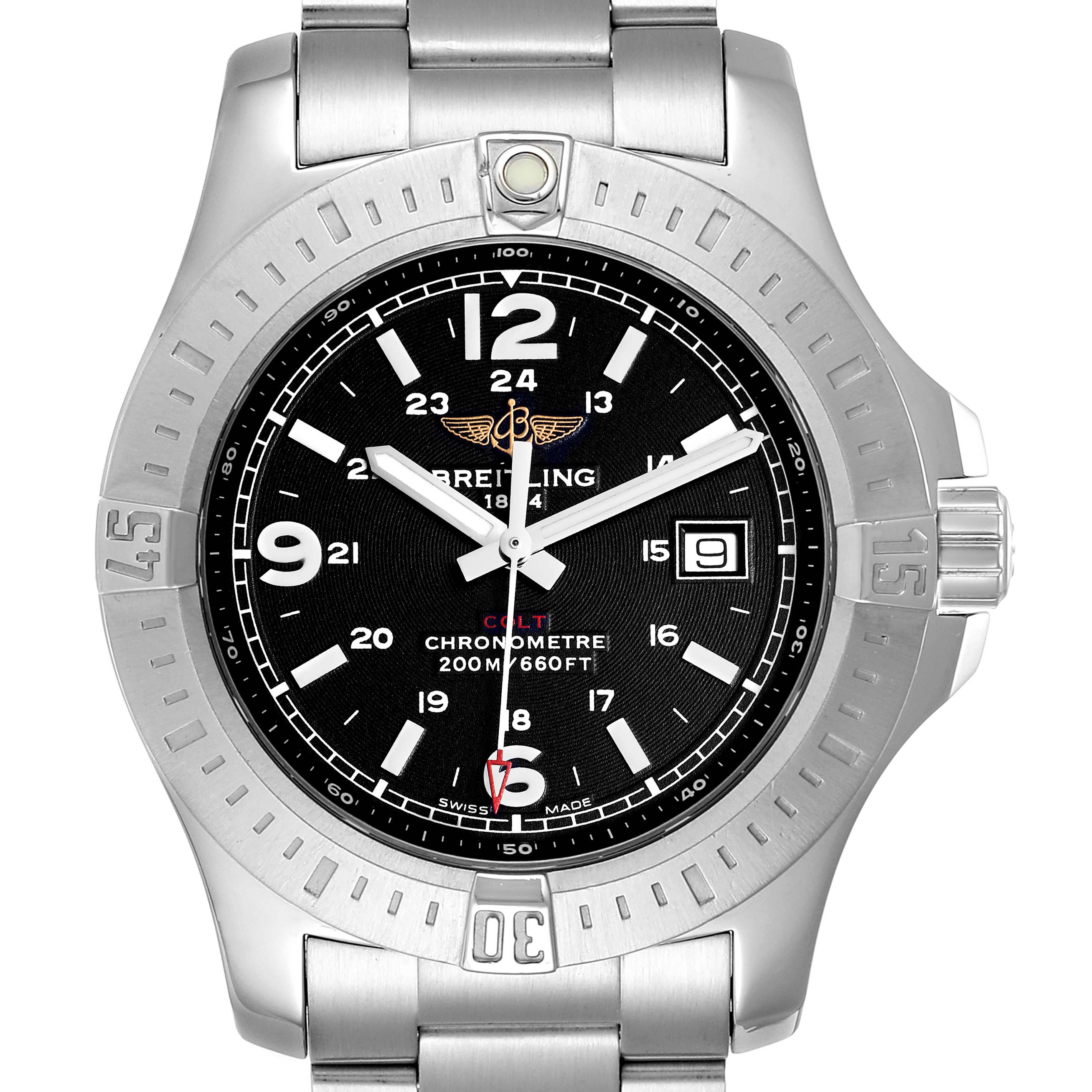 This image shows a front view of the Breitling Colt A74388 Men's Stainless Steel Black Dial A74388 Men's Stainless Steel Black Dial watch, displaying its bezel, dial, hands, markers, and part of the bracelet.