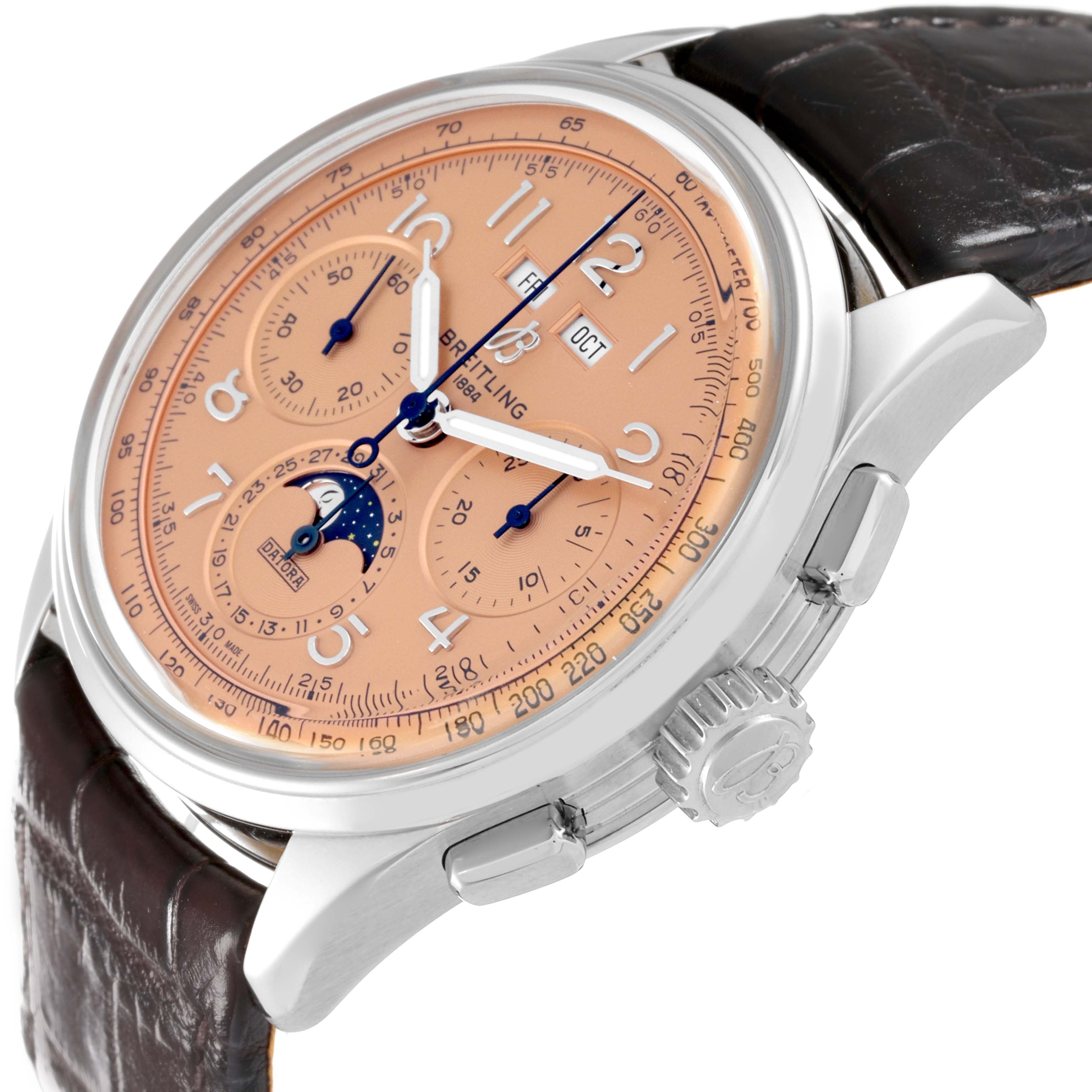 The image shows a side and top view of the Breitling Premier AB2510201K1P1 Men's Stainless Steel Pink Dial AB2510201K1P1 Men's Stainless Steel Pink Dial model watch, featuring its face, crown, and lugs.