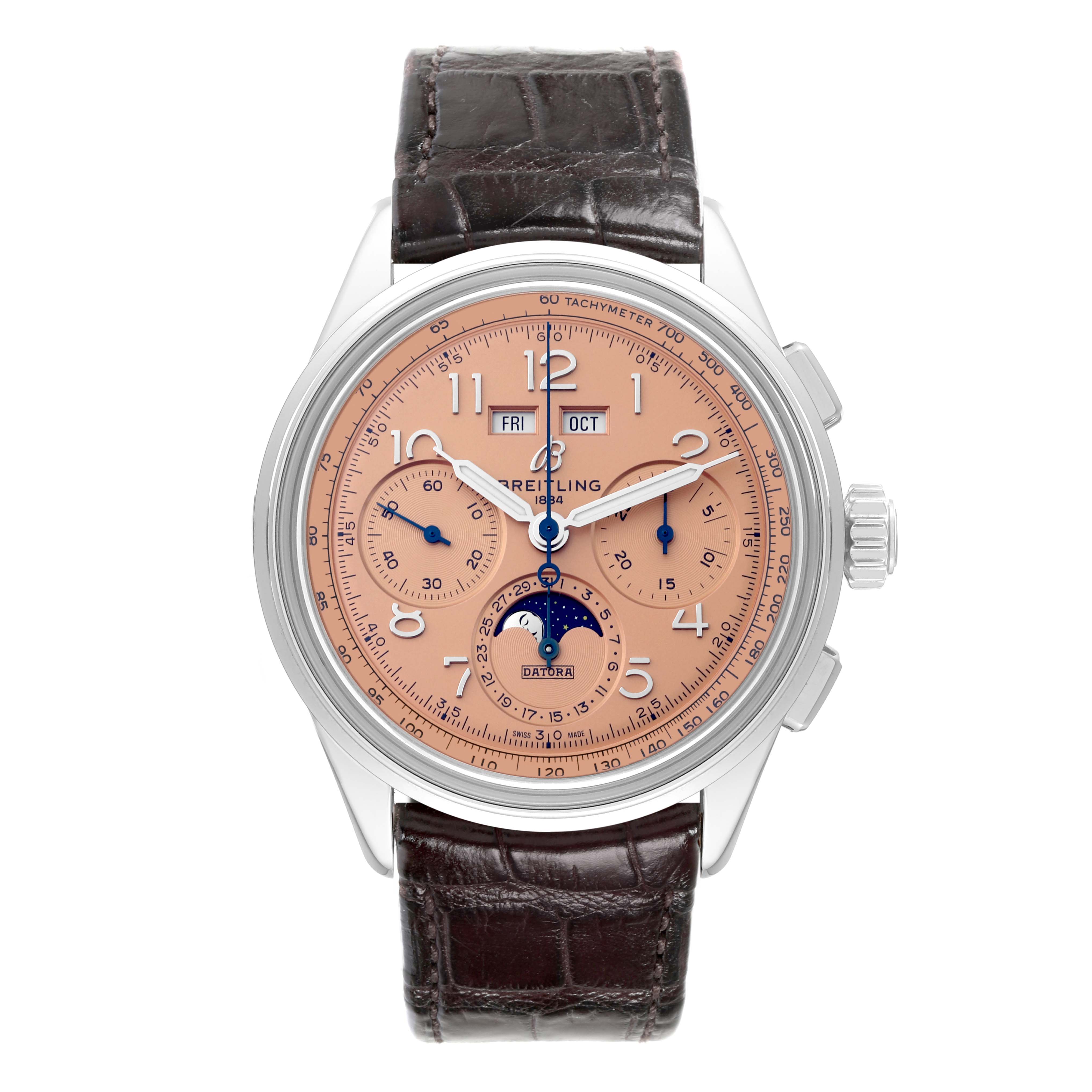 This image shows a front view of the Breitling Premier AB2510201K1P1 Men's Stainless Steel Pink Dial AB2510201K1P1 Men's Stainless Steel Pink Dial model watch, displaying its dial, subdials, and leather strap.