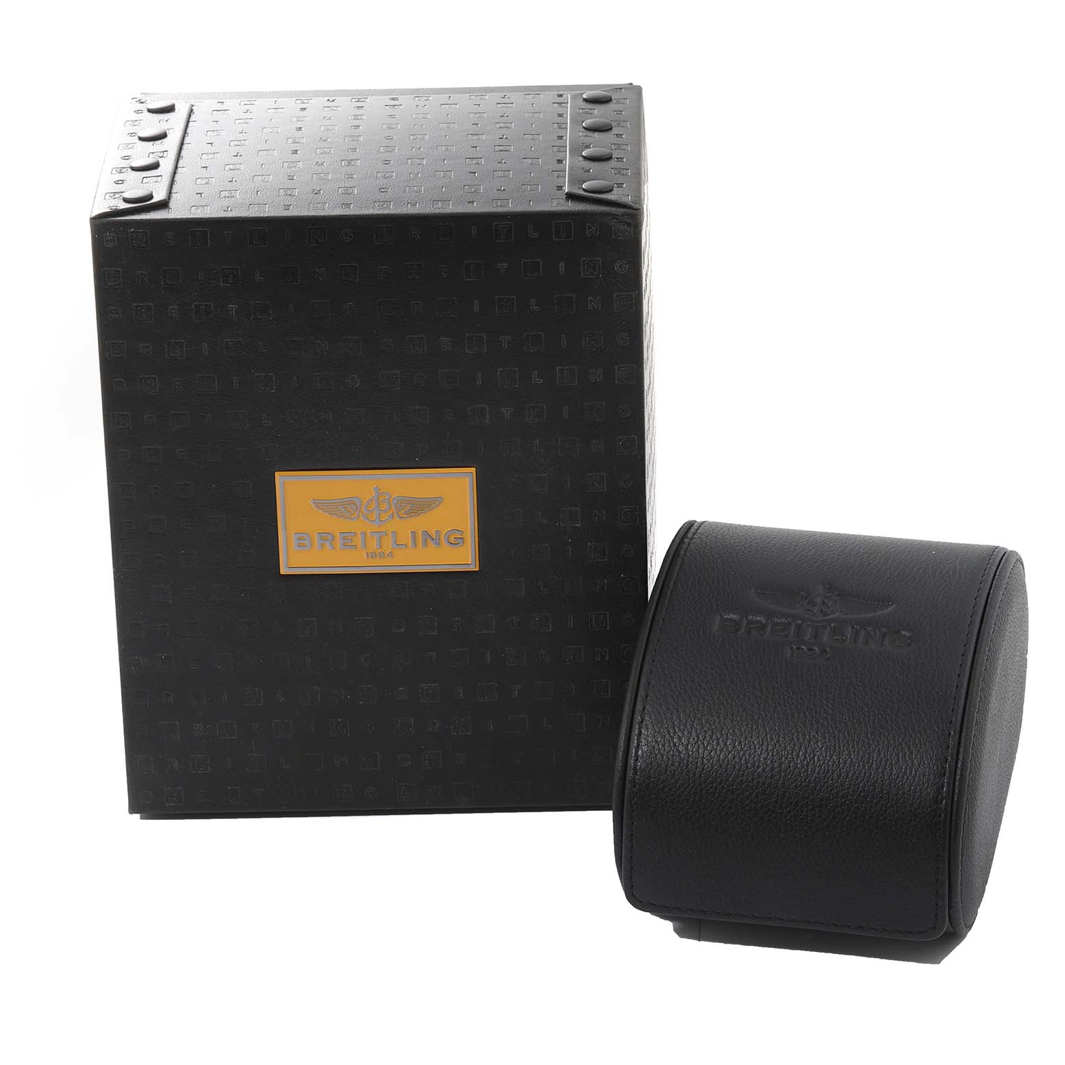 The image shows the box and leather case for a Premier model by Breitling, viewed from the front.