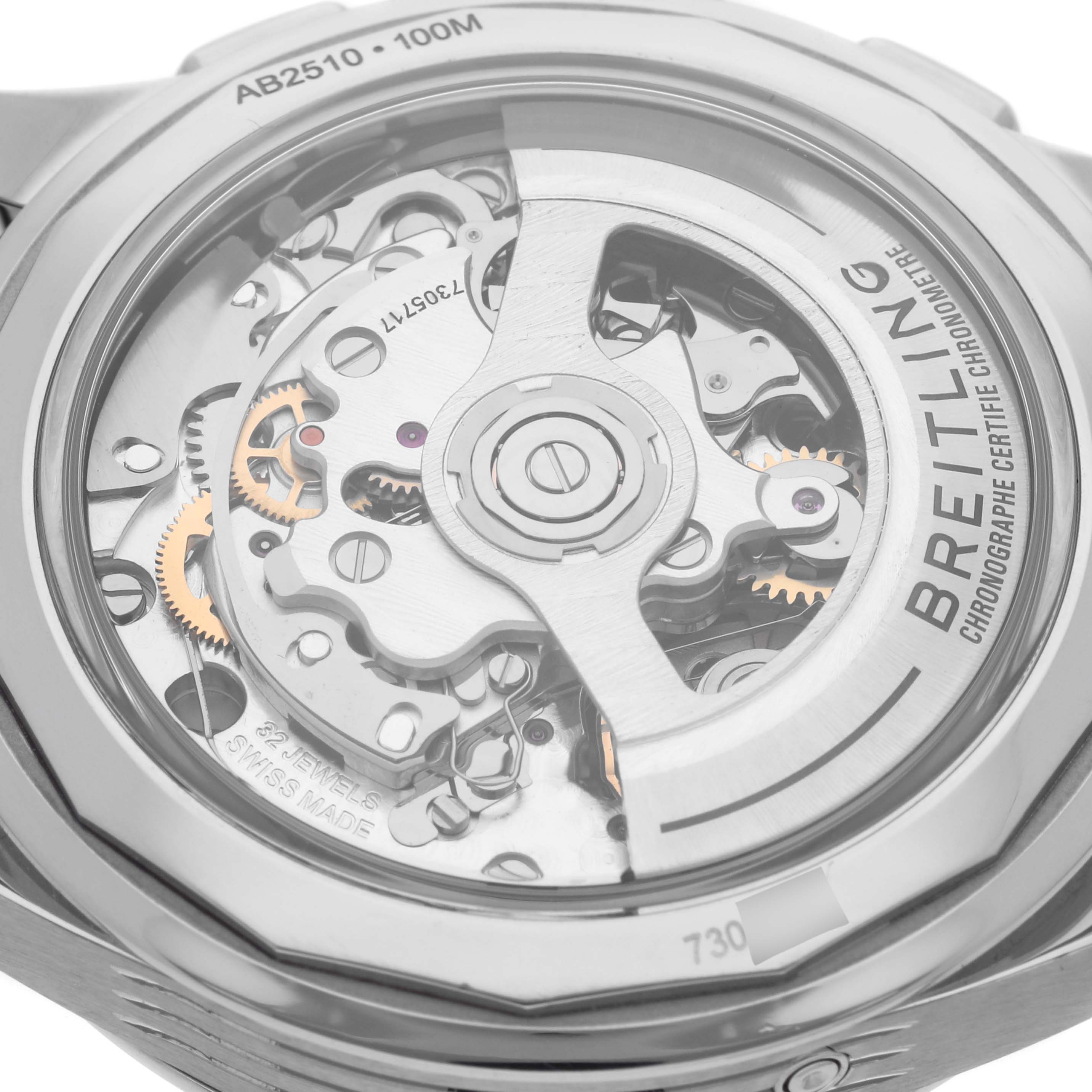 This image shows the movement and inner workings of the Breitling Premier AB2510201K1P1 Men's Stainless Steel Pink Dial AB2510201K1P1 Men's Stainless Steel Pink Dial model watch from a top-down angle.