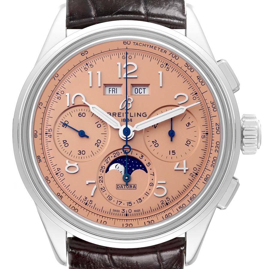 The image shows a front view of the Breitling Premier watch with a pink dial and various sub-dials and date indicators.