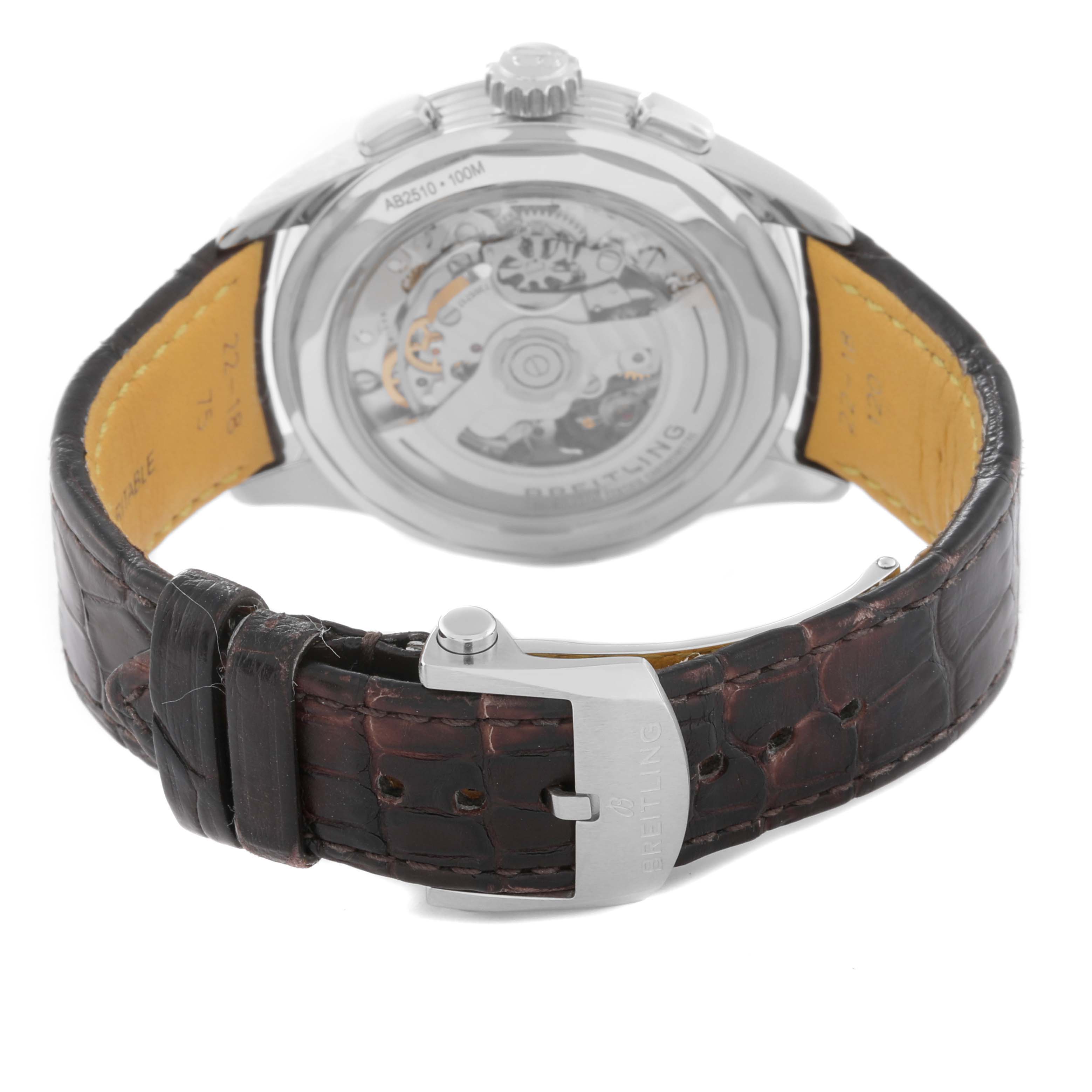 This image shows the back of a Breitling Premier AB2510201K1P1 Men's Stainless Steel Pink Dial AB2510201K1P1 Men's Stainless Steel Pink Dial watch, highlighting the movement and leather strap with the Breitling clasp.