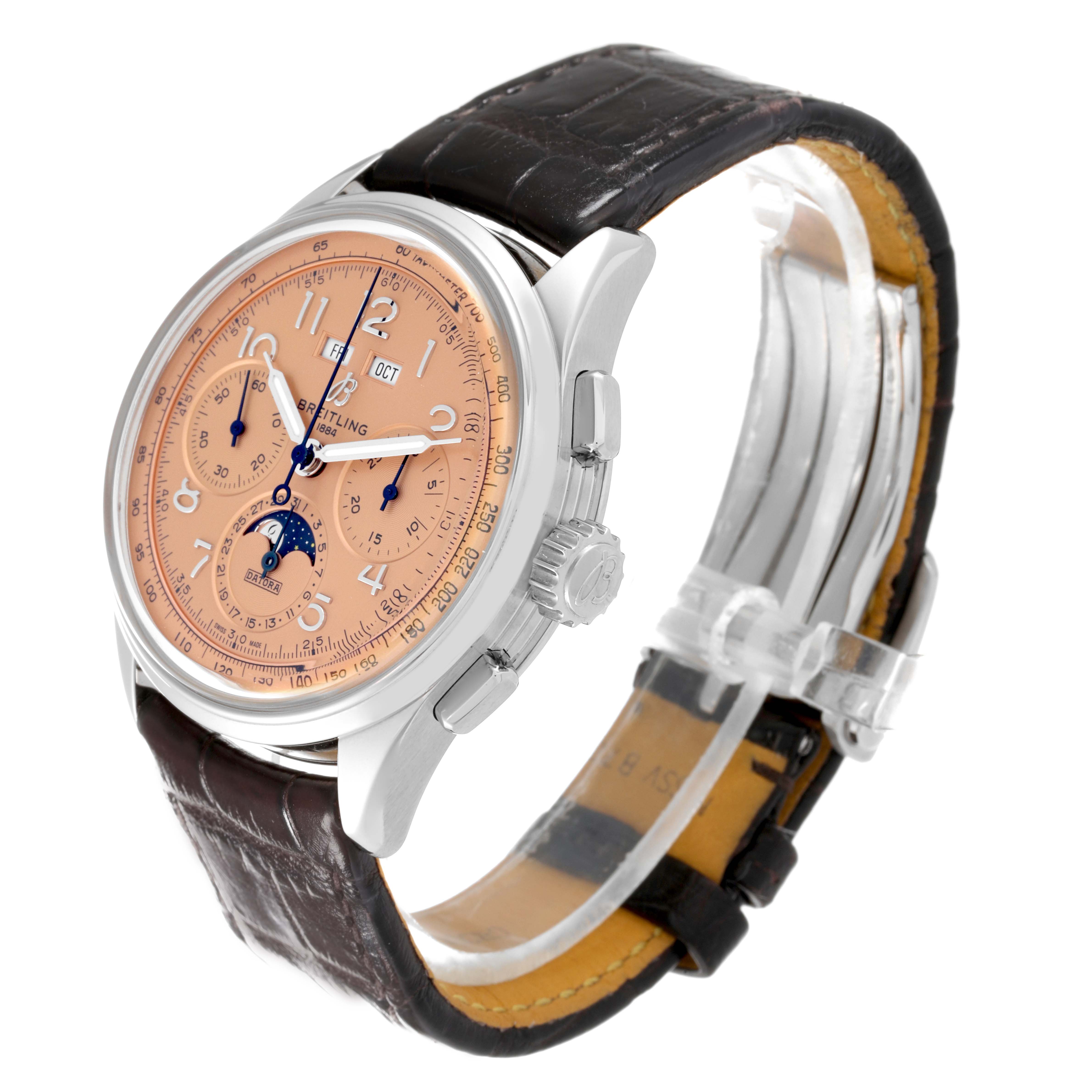 The image shows a Breitling Premier AB2510201K1P1 Men's Stainless Steel Pink Dial AB2510201K1P1 Men's Stainless Steel Pink Dial model watch at a three-quarter angle, highlighting its dial, case, and leather strap.