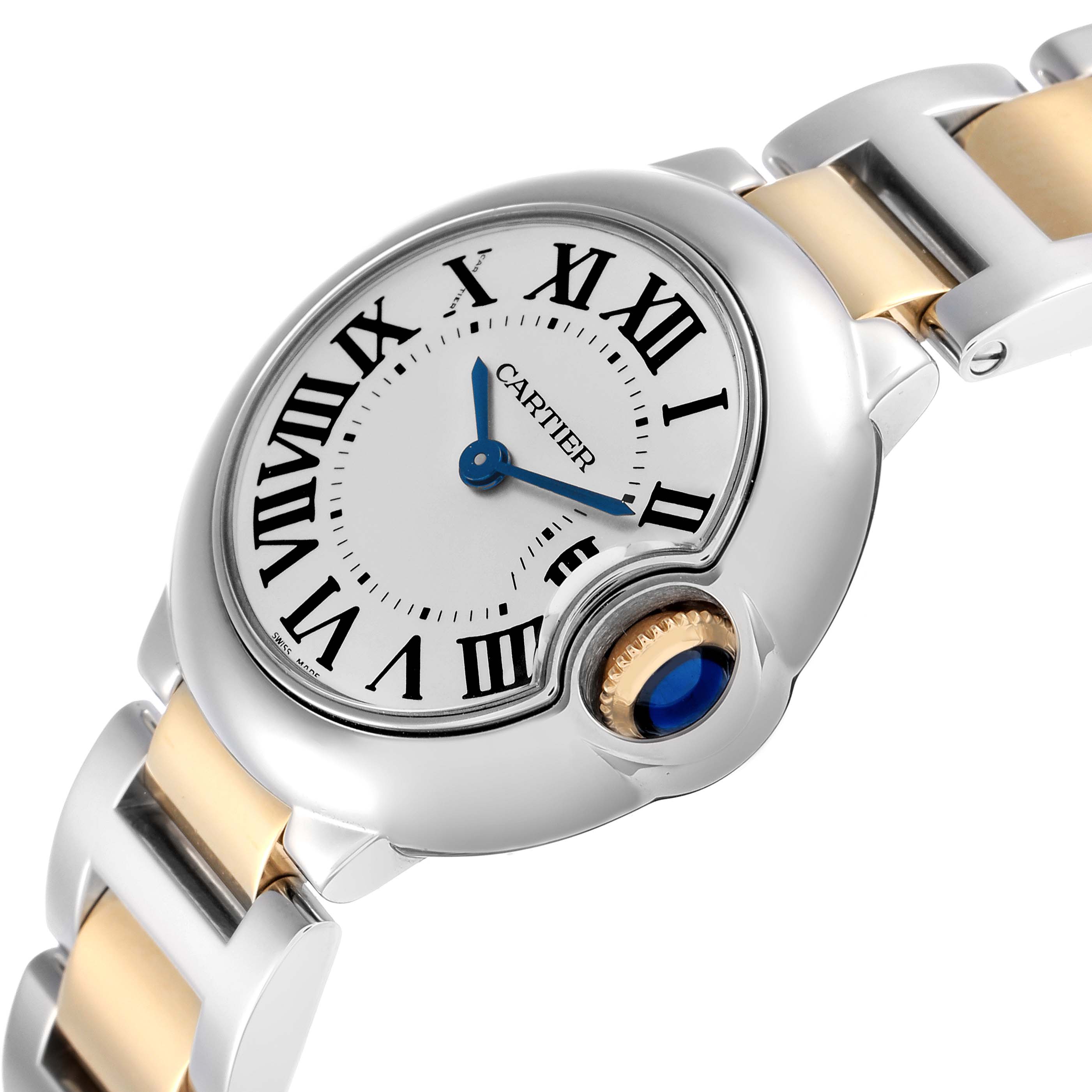 The Cartier Ballon Bleu model W69007Z3 men
s watch is shown at an angle highlighting the face, Roman numerals, blue hands, and part of the two-toned bracelet.