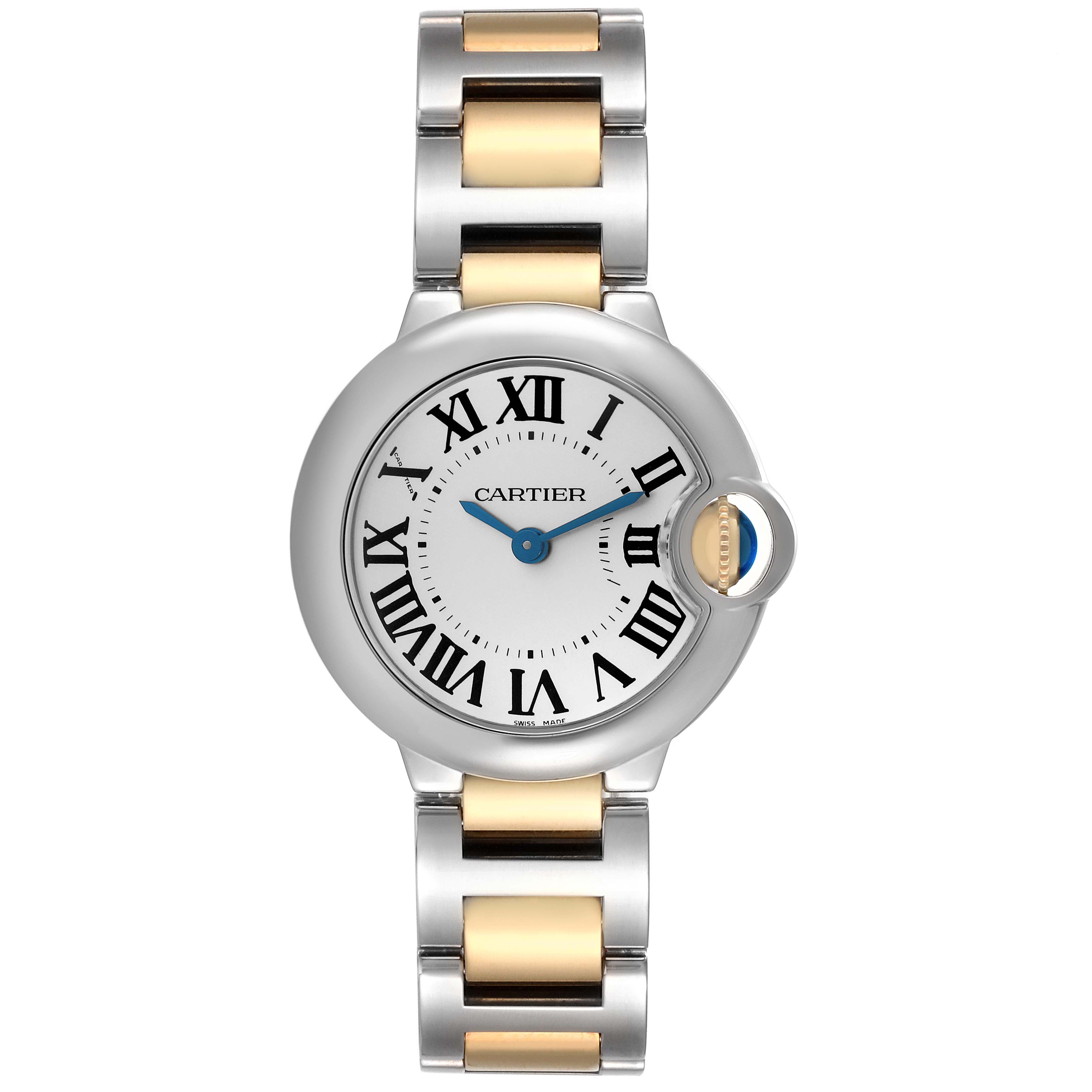 The image shows a Cartier Ballon Bleu model W69007Z3 men
s watch from the front, highlighting the round face, Roman numerals, steel and gold bracelet, and blue hands.
