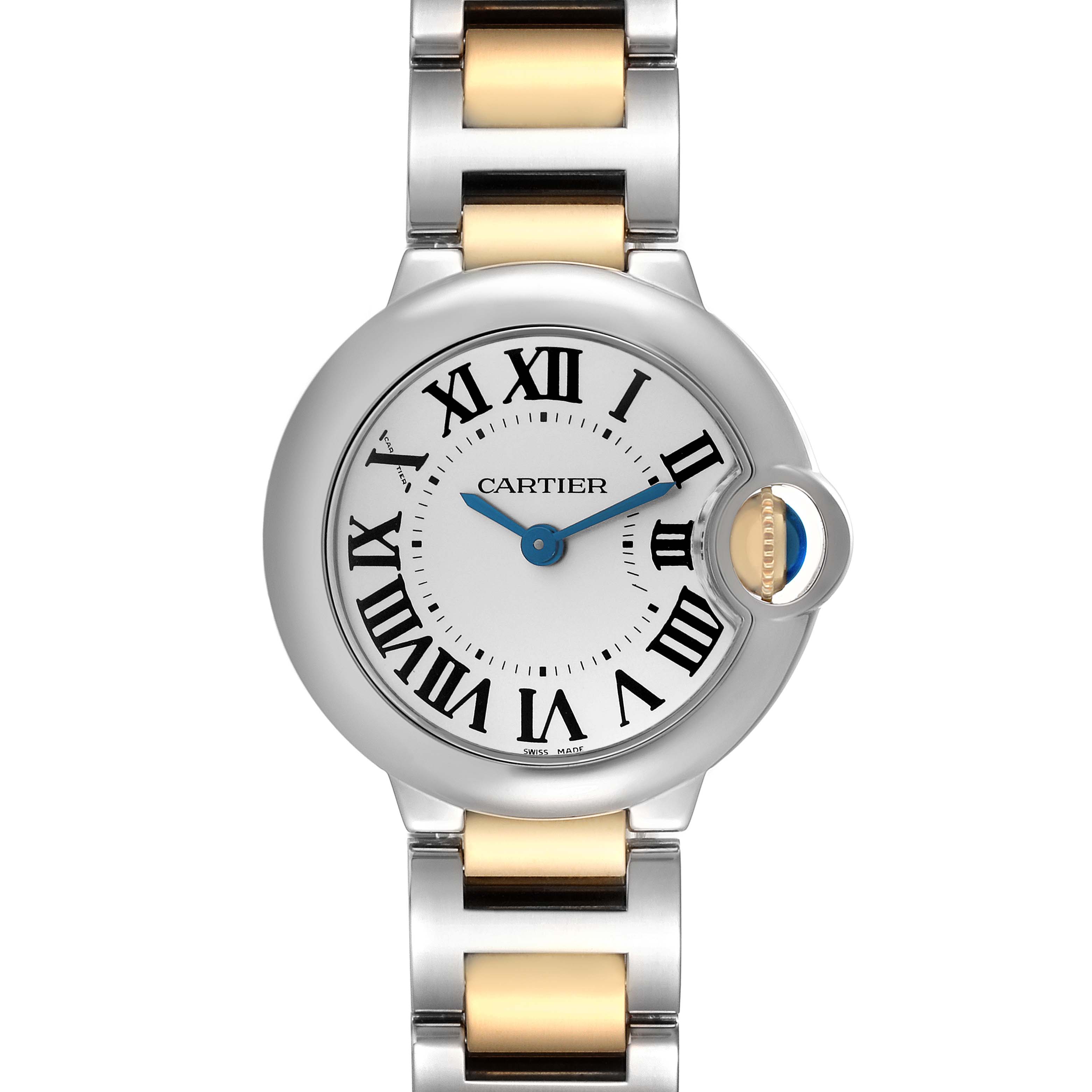 The Cartier Ballon Bleu model W69007Z3 is shown from a front angle, highlighting its round dial, Roman numerals, blue hands, and two-tone bracelet.