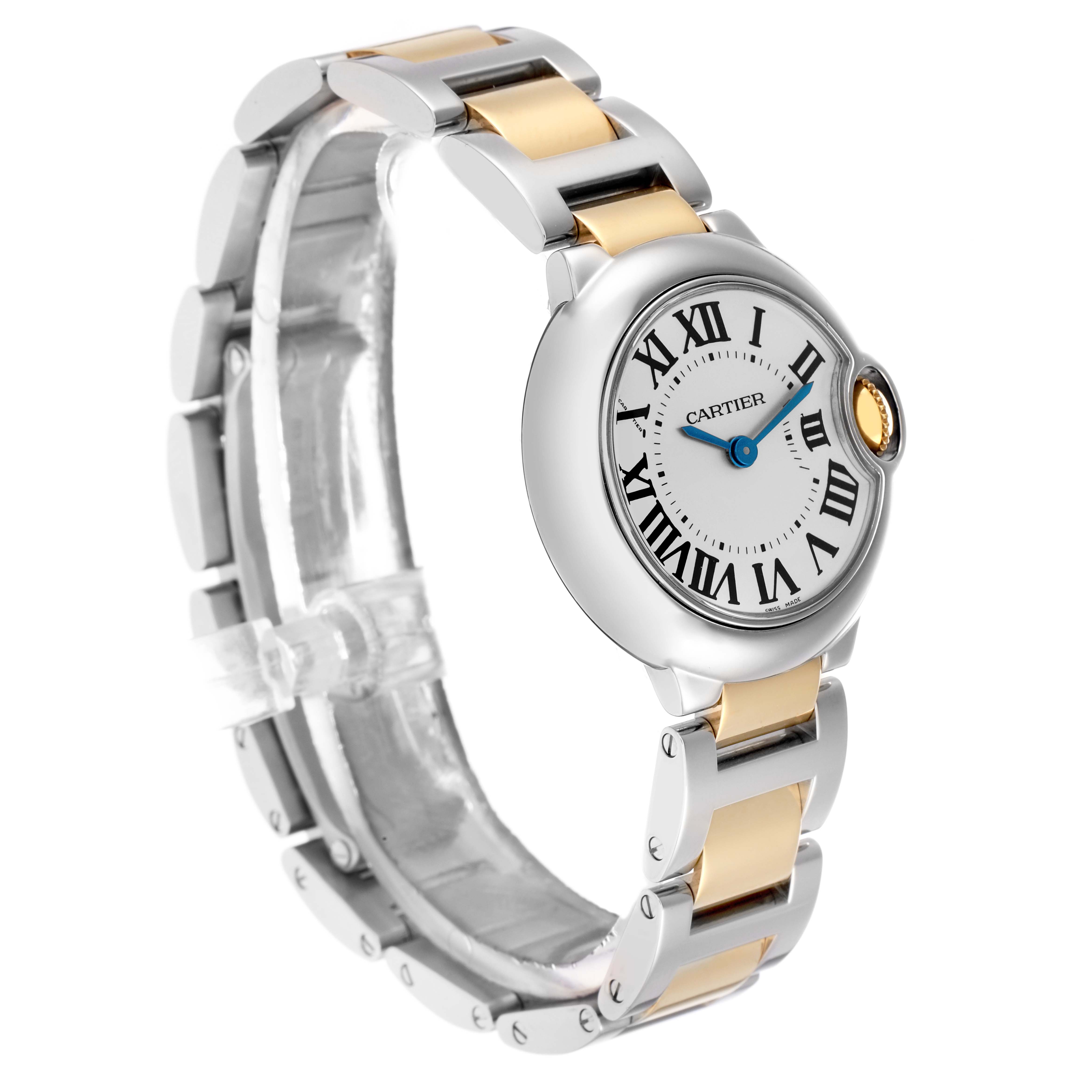 The Cartier Ballon Bleu W69007Z3 men
s watch is shown at a three-quarter angle, highlighting its round face, Roman numerals, and two-tone metal bracelet.