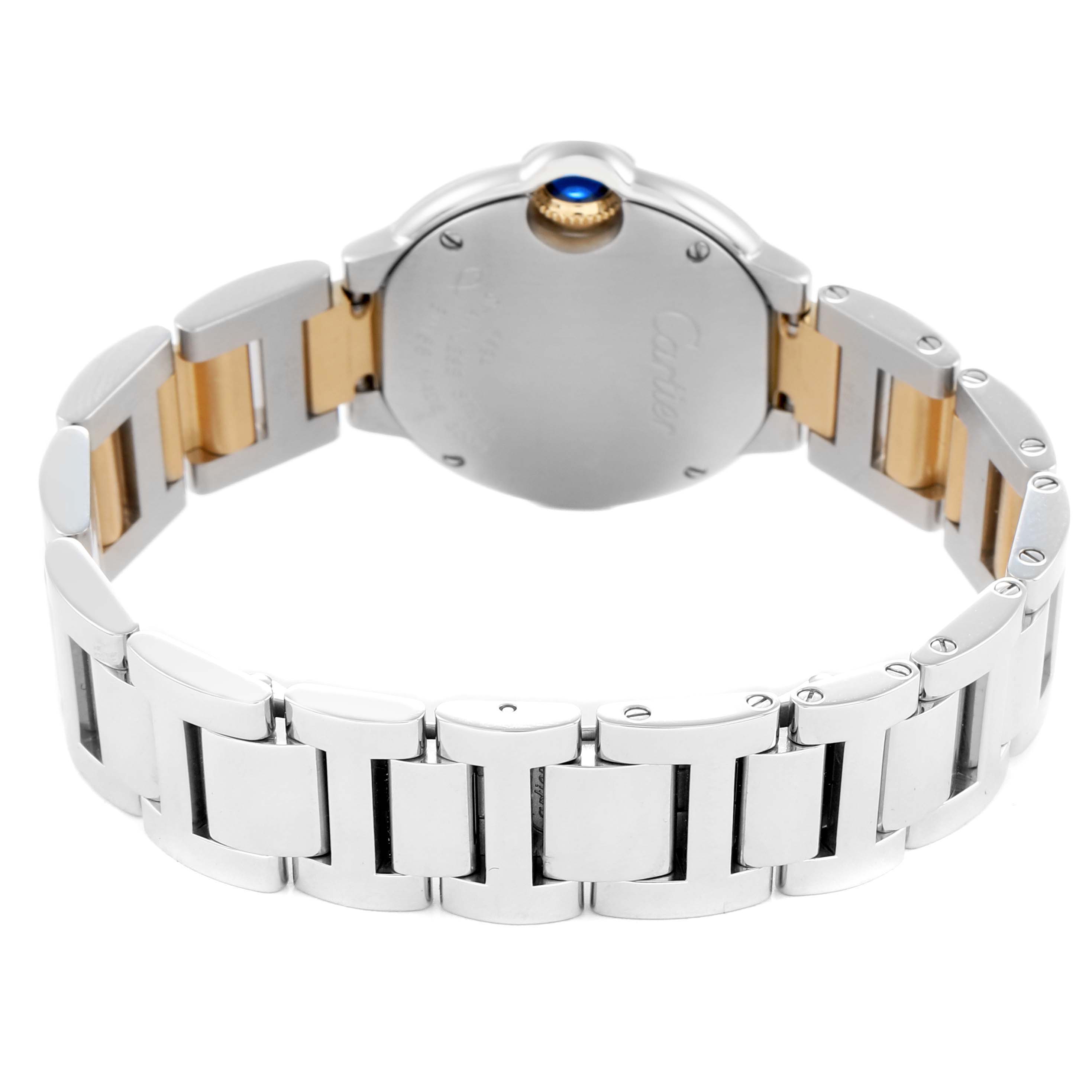 The image shows the back of the Cartier Ballon Bleu W69007Z3 men
s watch, featuring its two-tone bracelet and the underside of the round case with crown.