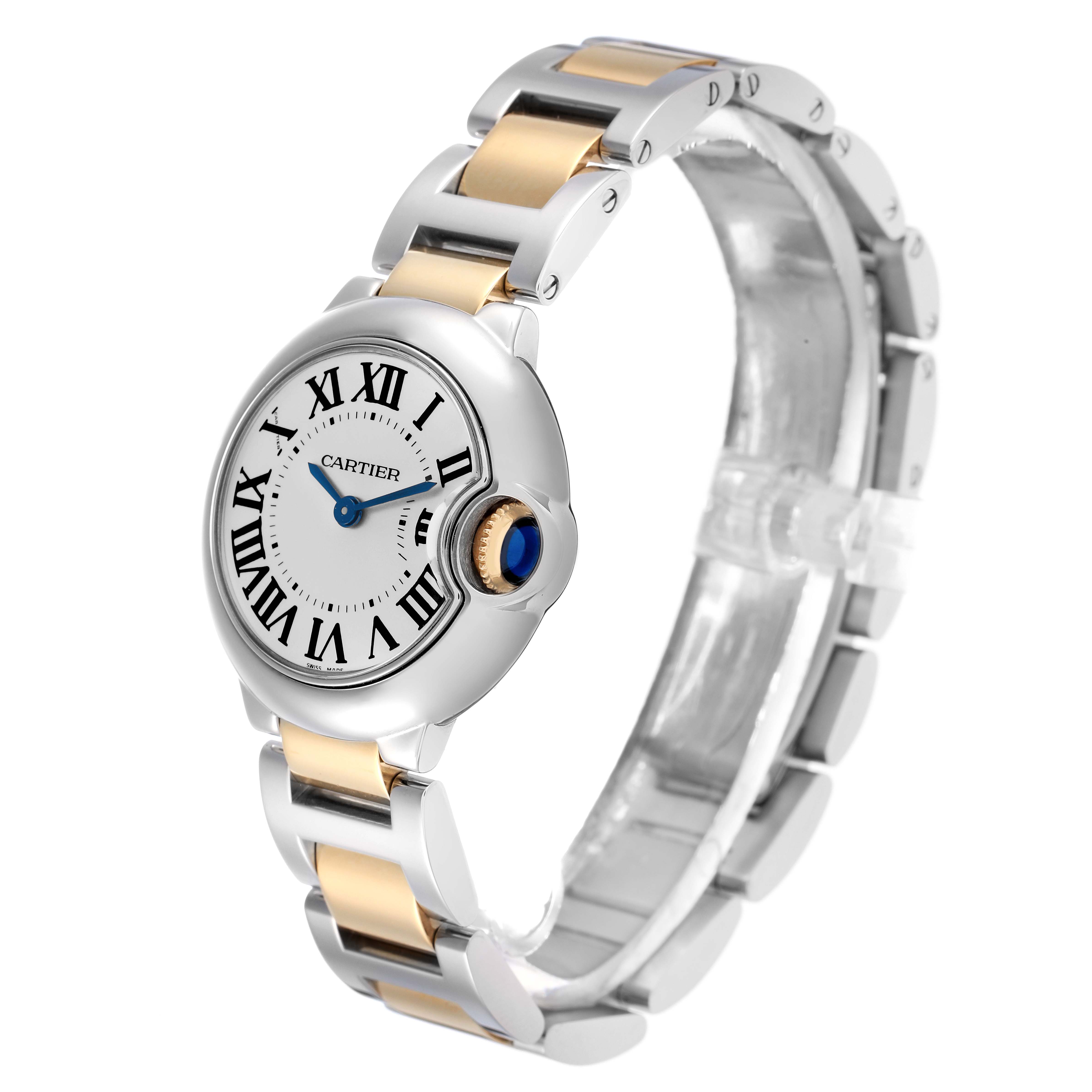 The Cartier Ballon Bleu model W69007Z3 men
s watch is shown at a three-quarter angle, highlighting its two-tone bracelet and distinctive round case with Roman numerals.