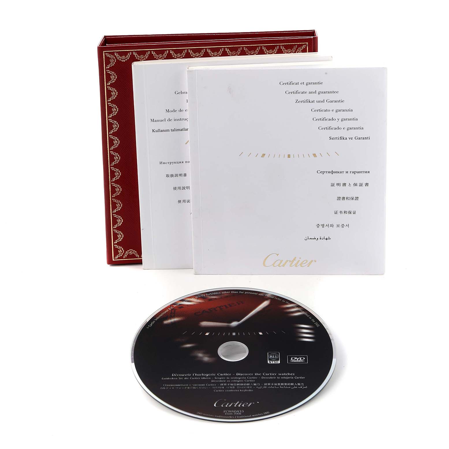 The image shows the packaging and accessories for a Cartier Ballon Bleu W69011Z4 men's watch, including a red box, manuals, and a CD.