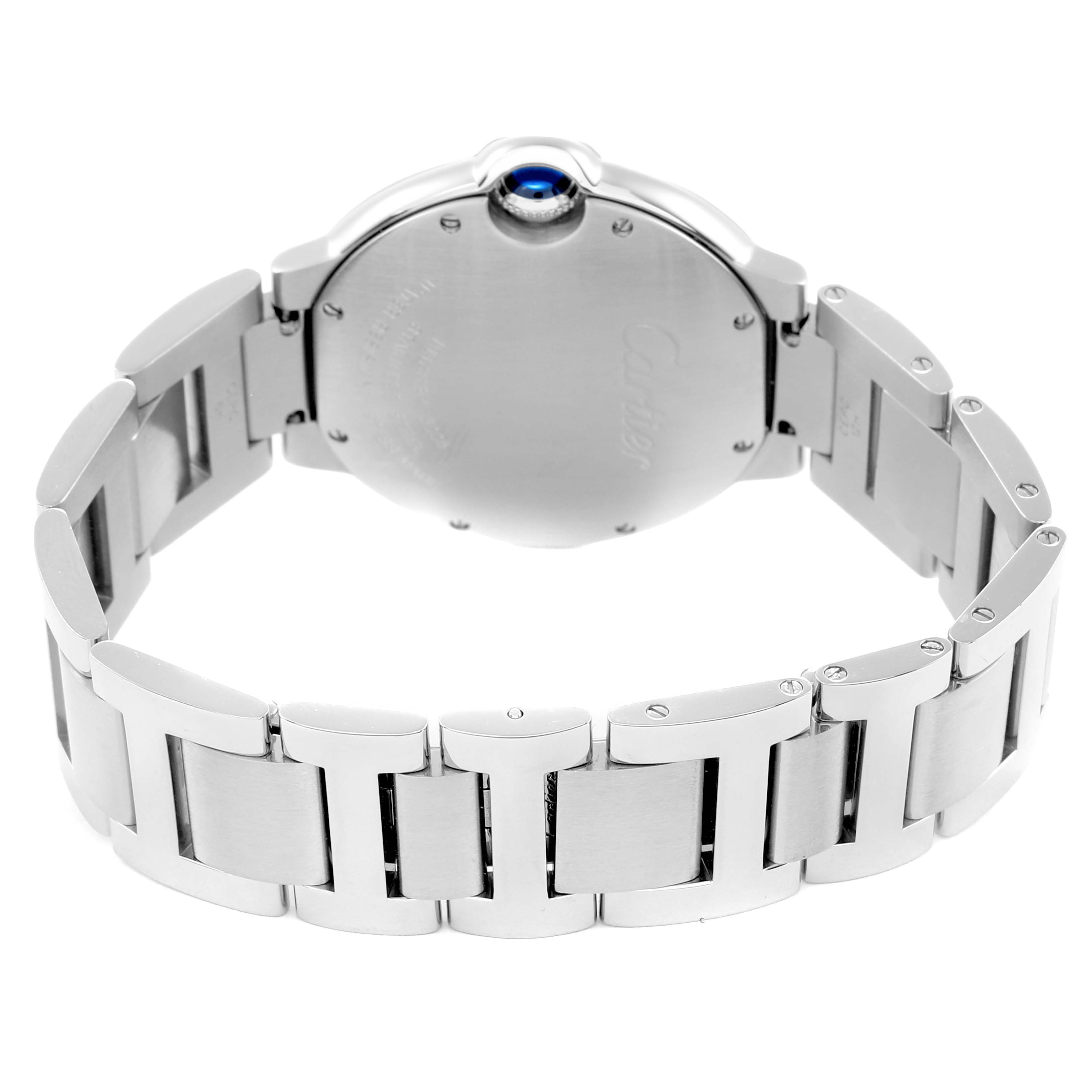 The image shows the back view of a Cartier Ballon Bleu men's watch, model number W69011Z4, highlighting the case back and metal bracelet.