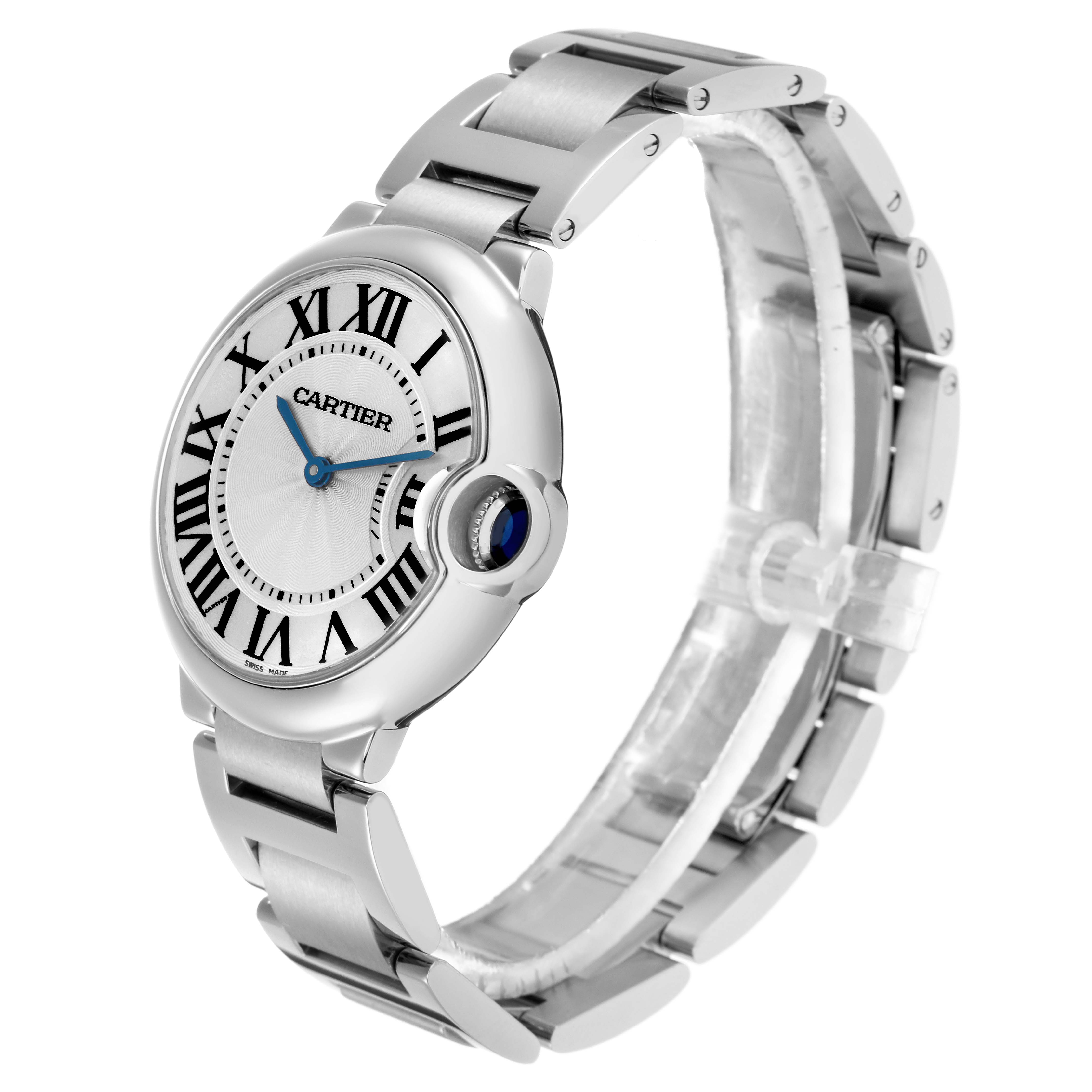 The image shows a Cartier Ballon Bleu model W69011Z4 men's watch, featuring a side angle highlighting its circular face, Roman numerals, and metallic bracelet.