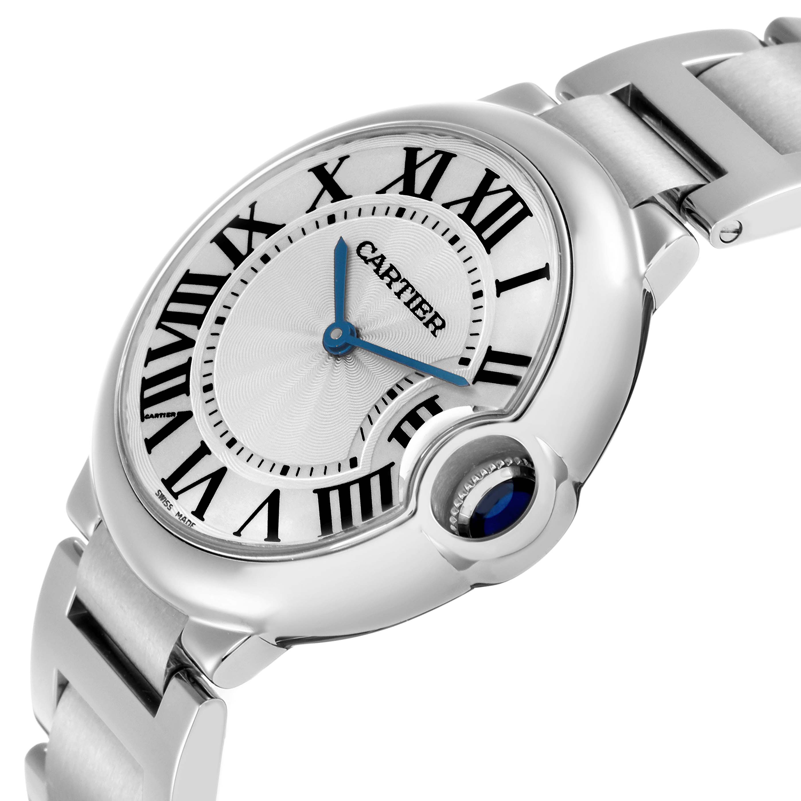 The Cartier Ballon Bleu W69011Z4 men's watch is shown from a diagonal angle, displaying the face, roman numerals, blue hands, and metallic bracelet.