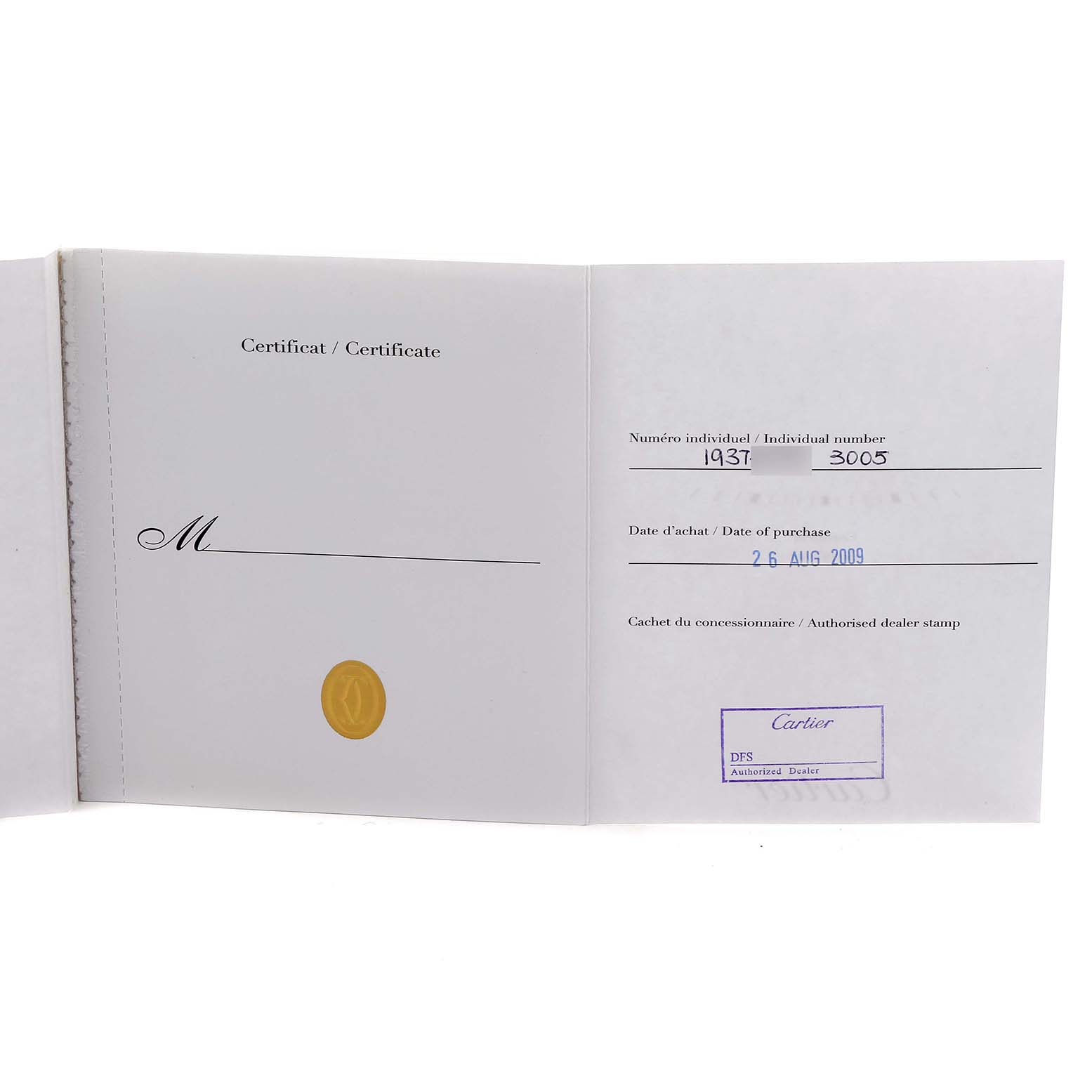 The image shows open certification papers for the Cartier Ballon Bleu model W69011Z4, with an individual number and date of purchase.