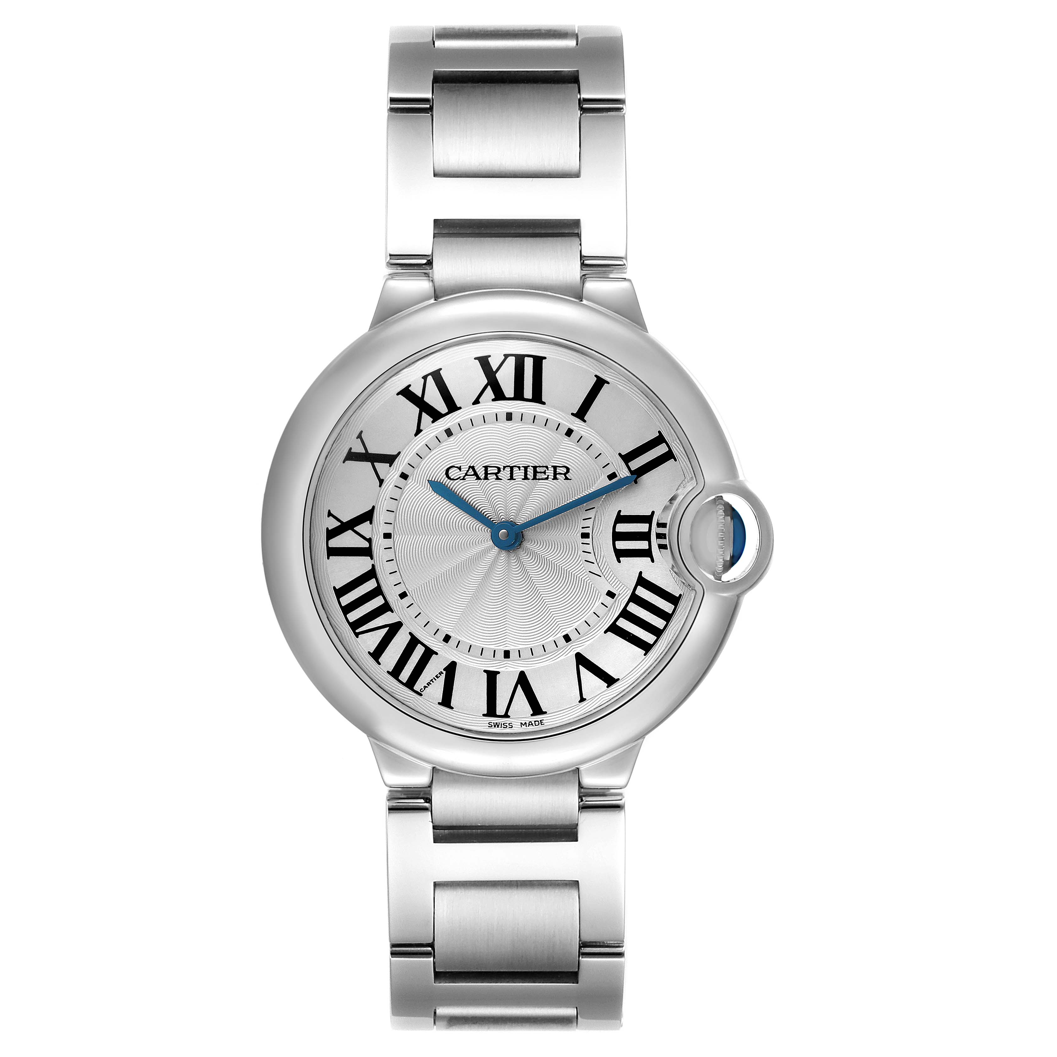 The image shows a Cartier Ballon Bleu men's watch, model number W69011Z4, from a front angle, highlighting the dial, Roman numerals, and stainless steel bracelet.