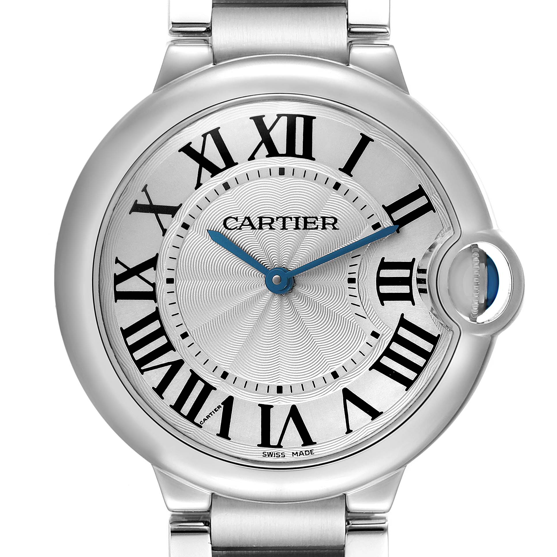 The Cartier Ballon Bleu W69011Z4 watch is shown from a front angle, highlighting its dial, Roman numerals, blue hands, and crown.