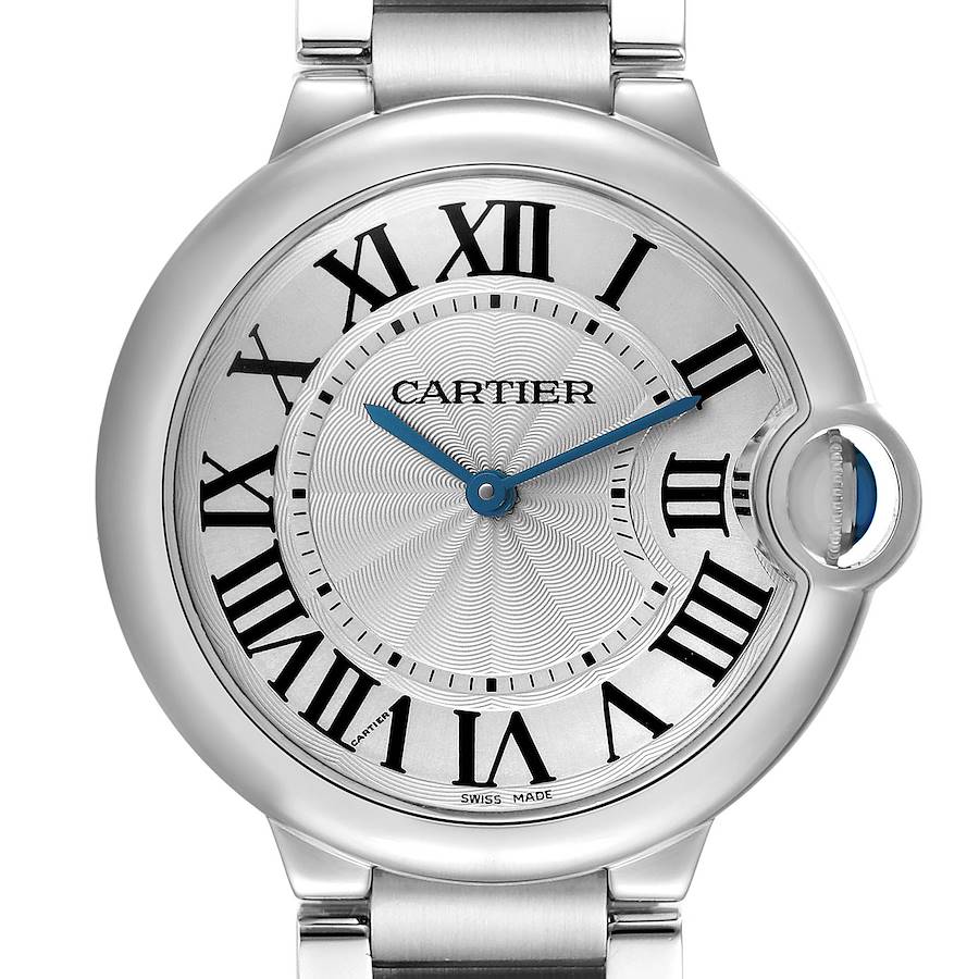 The Cartier Ballon Bleu W69011Z4 watch is shown from a front angle, highlighting its dial, Roman numerals, blue hands, and crown.
