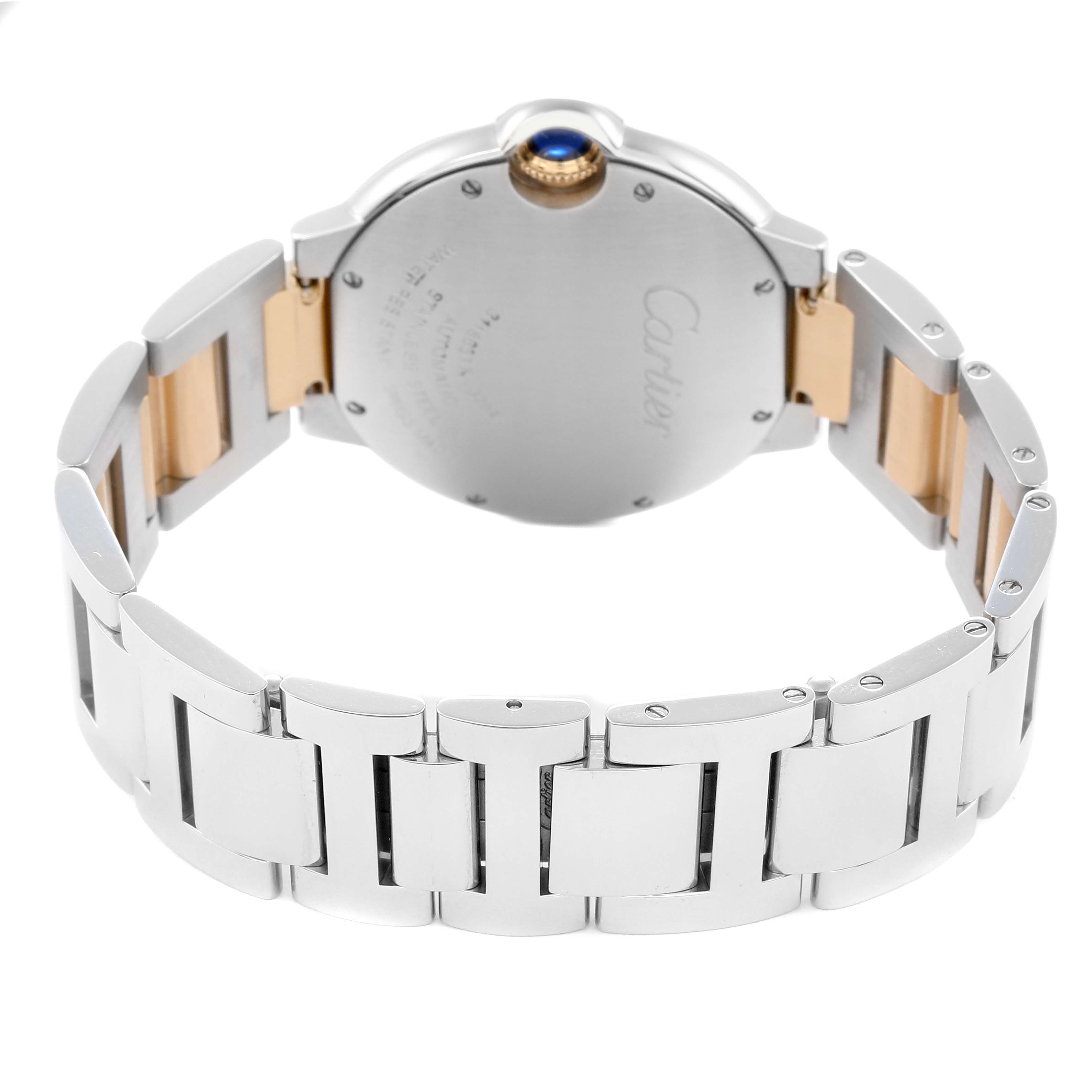 This image shows the back and bracelet of the Cartier Ballon Bleu men
s watch model W2BB0012, highlighting its stainless steel and gold bracelet and sapphire crown.