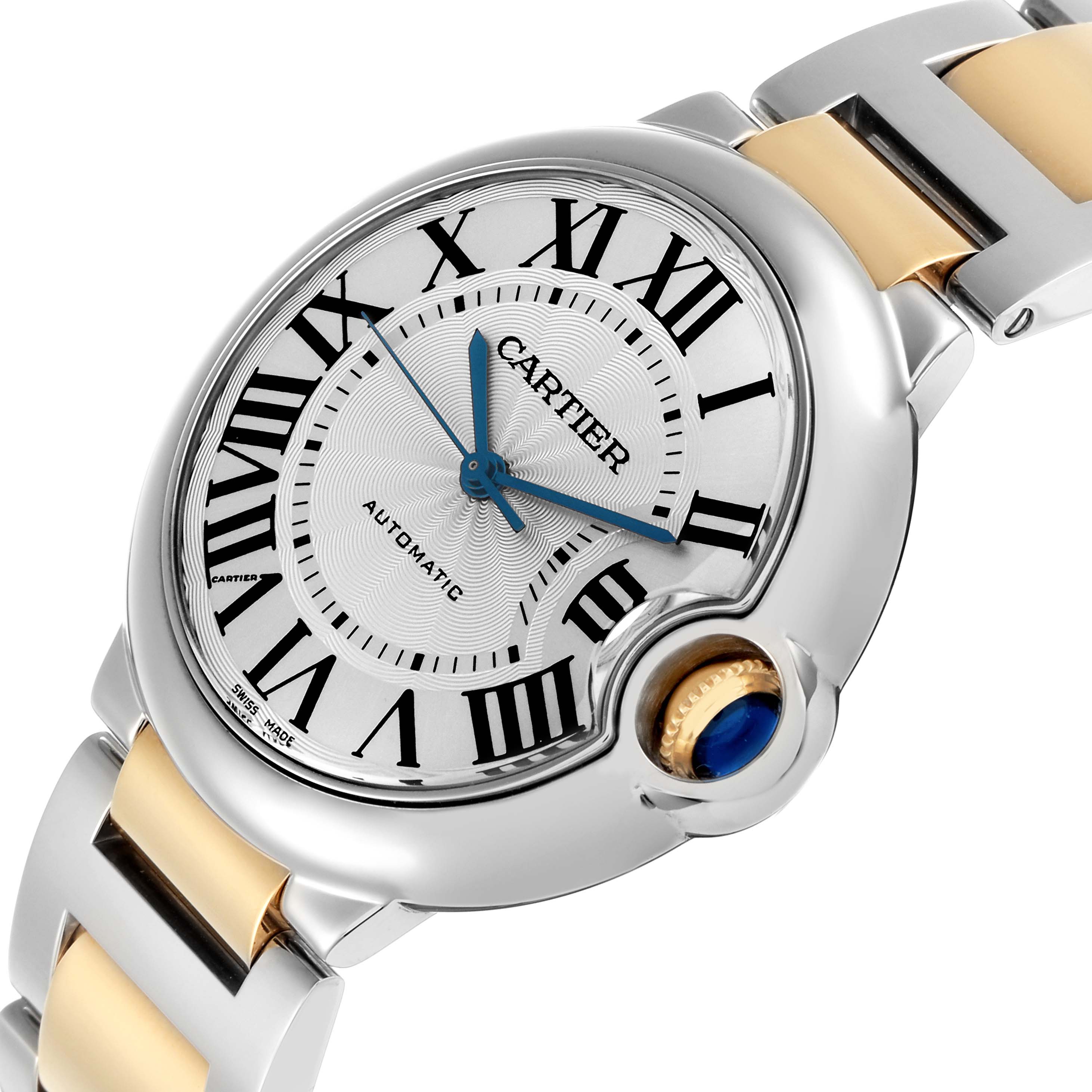 The Cartier Ballon Bleu W2BB0012 watch is shown at an angle highlighting the face, bezel, part of the bracelet, and the signature blue sapphire cabochon crown.